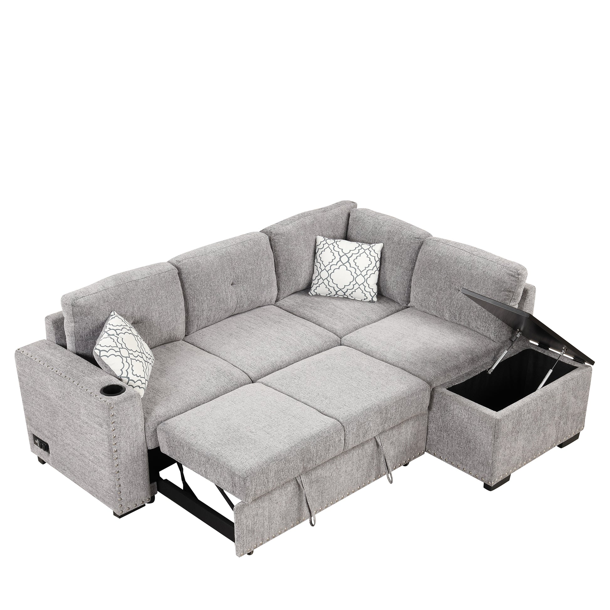 83.8" Sectional Pull Out Sofa Bed L Shaped Corner Sofa Couch With Storage Chaise, Usb Ports, Power Sockets, Cup Holder For Living Room, Bedroom, Study, Light Gray Light Grey Foam Chenille