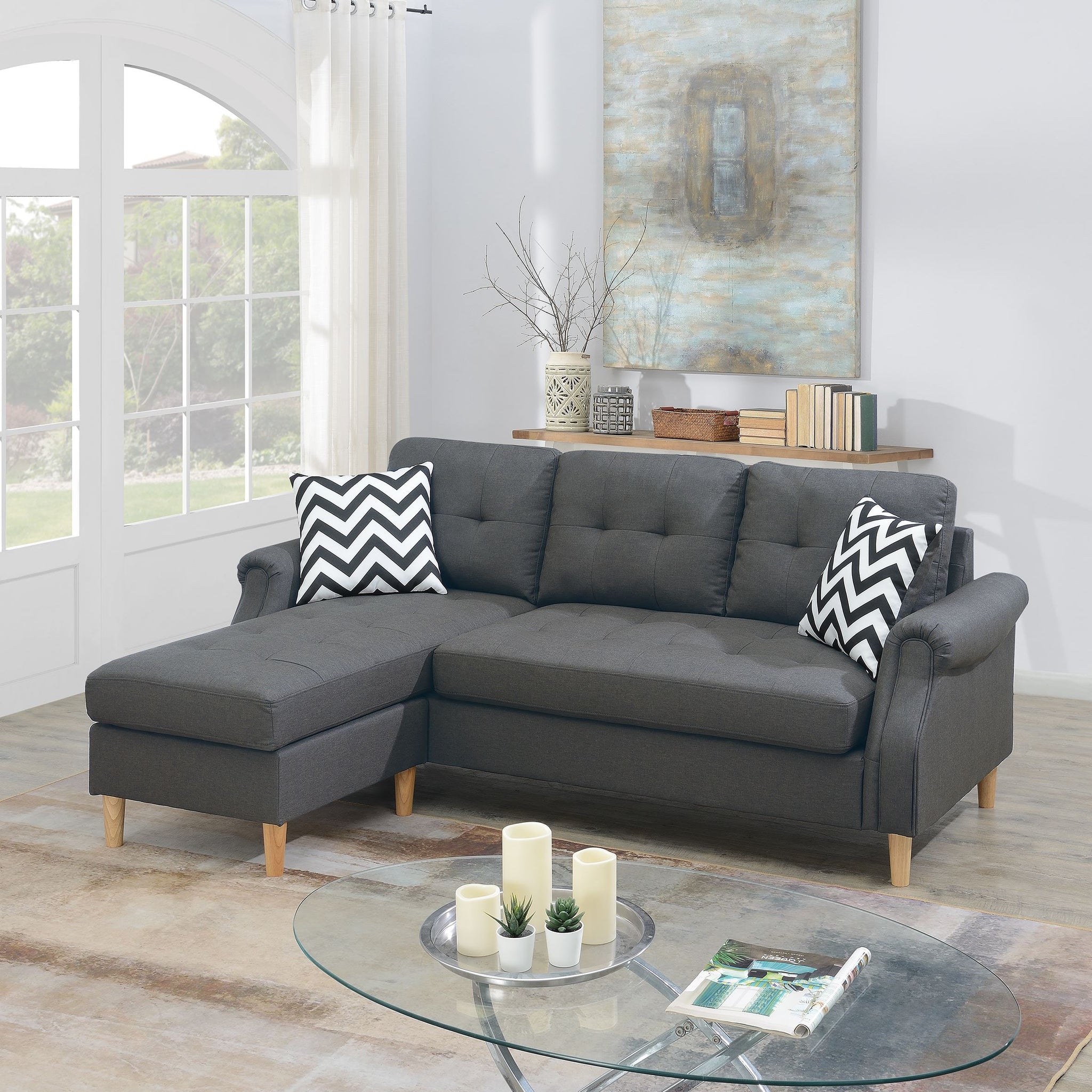 Sectional Sofa In Black Faux Leather Blue Grey Fabric