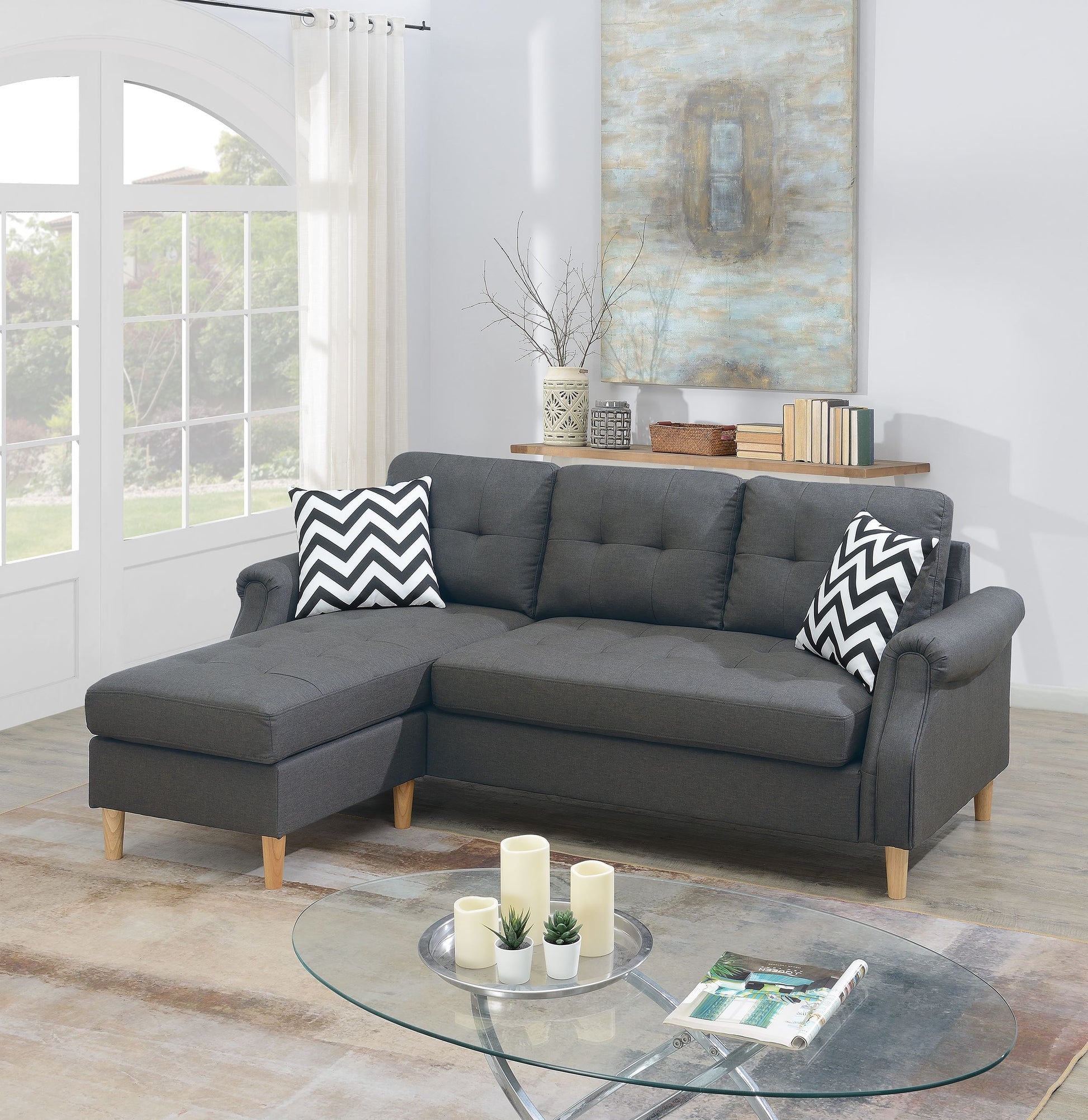 Sectional Sofa In Black Faux Leather Blue Grey Fabric