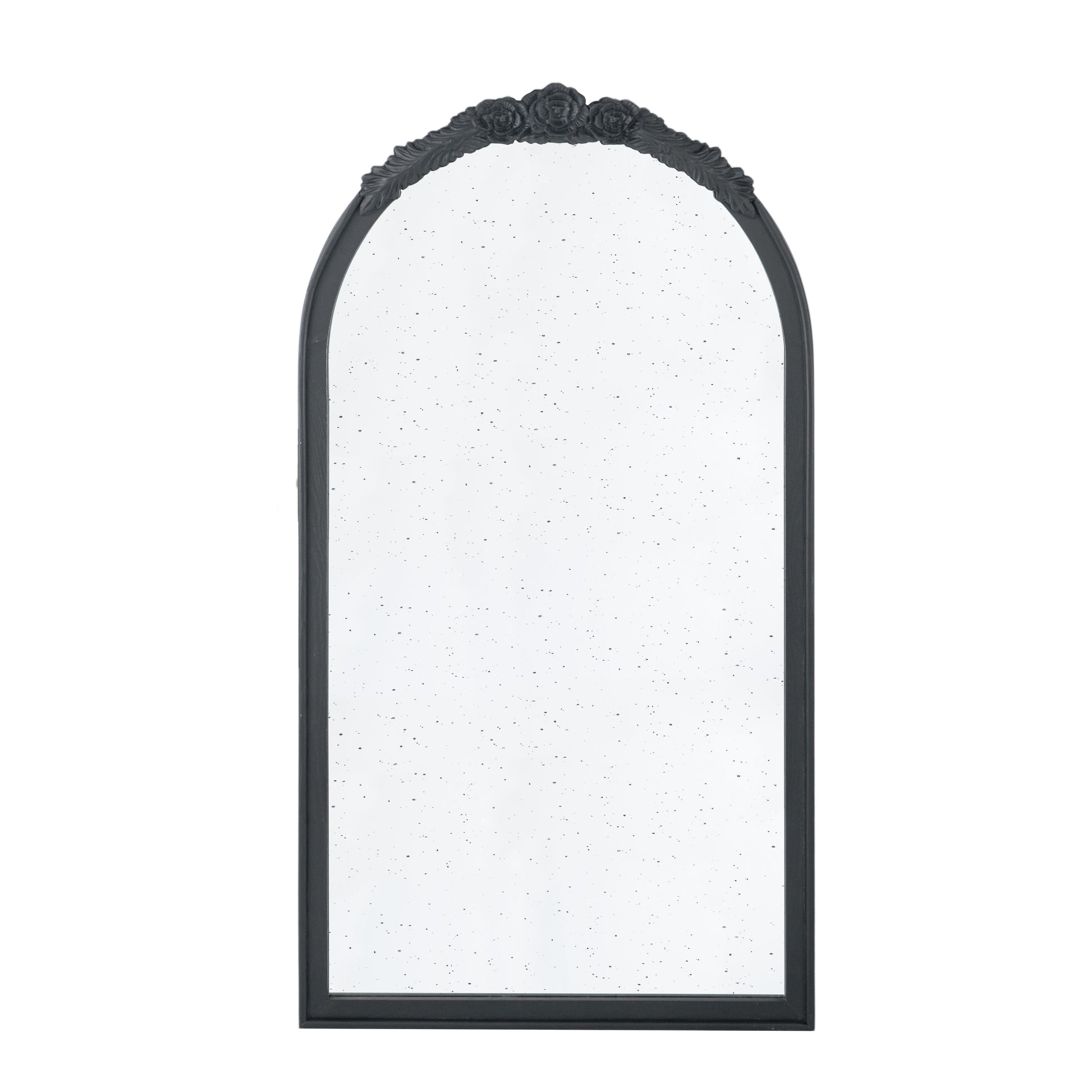 23" X 42" Hand Carved Rose Antique Mirror Frame, Wood Arch Mirror Wall Decor For Living Room, Bathroom, Entryway Black Black Mdf Glass