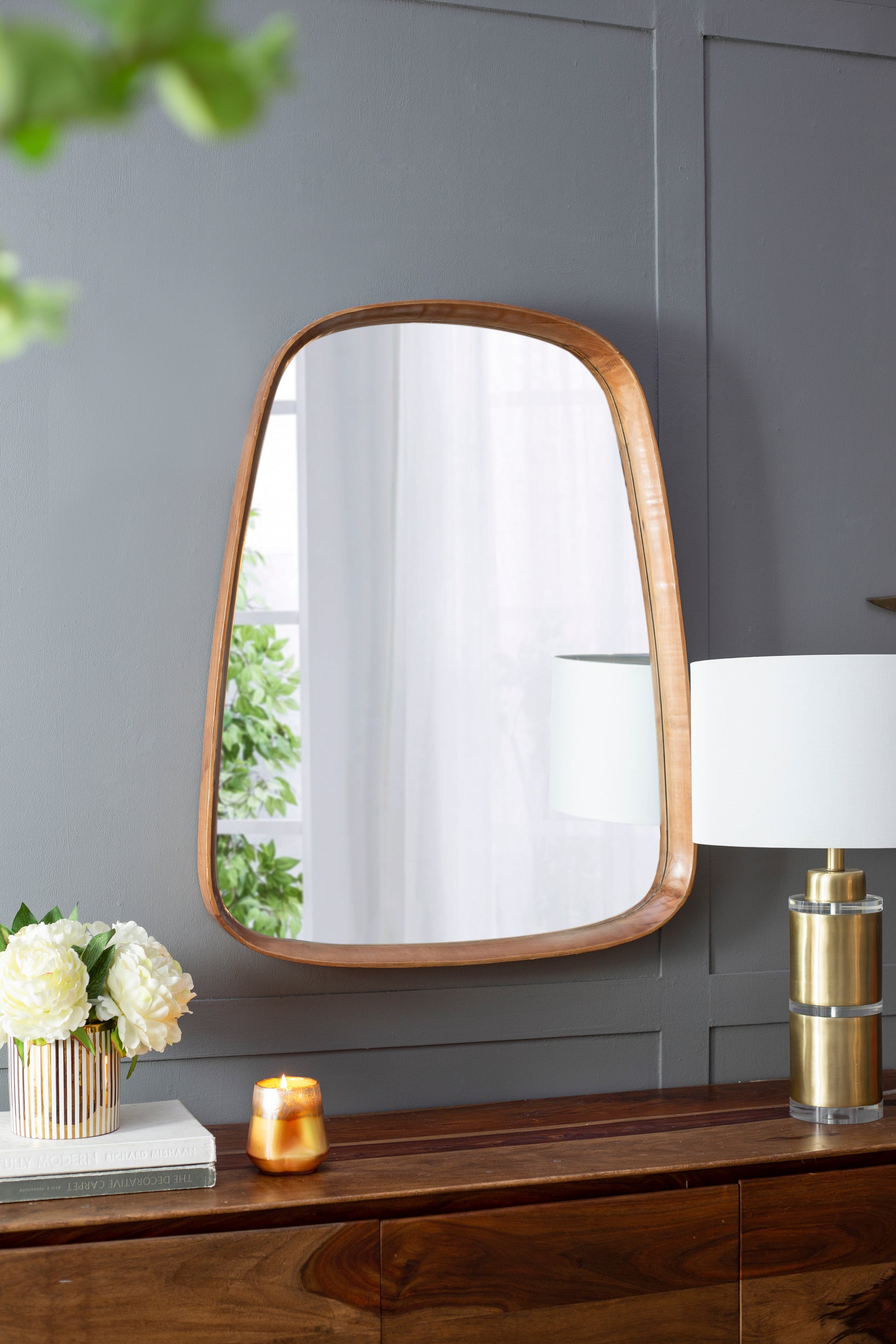 27"X37" Irrgeular Mirror With Wood Frame, Wall Mirror For Living Room Bathroom Entryway Brown Wood Glass