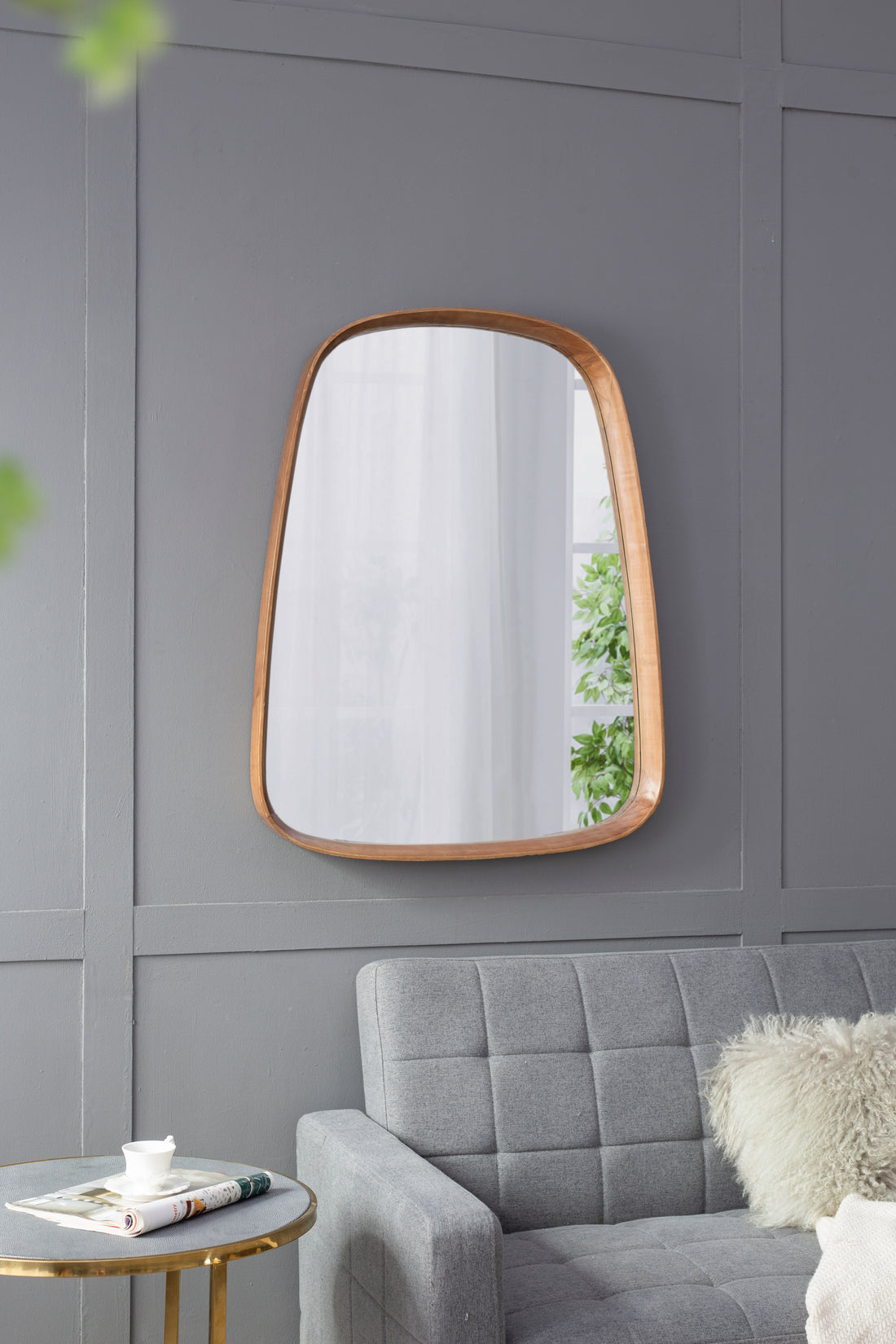 27"X37" Irrgeular Mirror With Wood Frame, Wall Mirror For Living Room Bathroom Entryway Brown Wood Glass