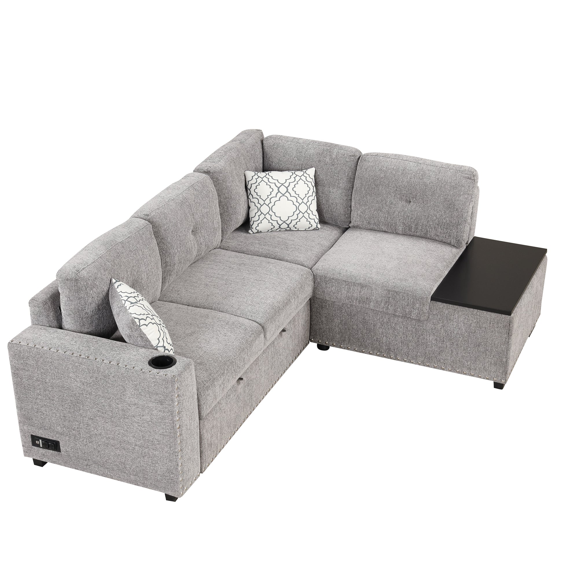 83.8" Sectional Pull Out Sofa Bed L Shaped Corner Sofa Couch With Storage Chaise, Usb Ports, Power Sockets, Cup Holder For Living Room, Bedroom, Study, Light Gray Light Grey Foam Chenille