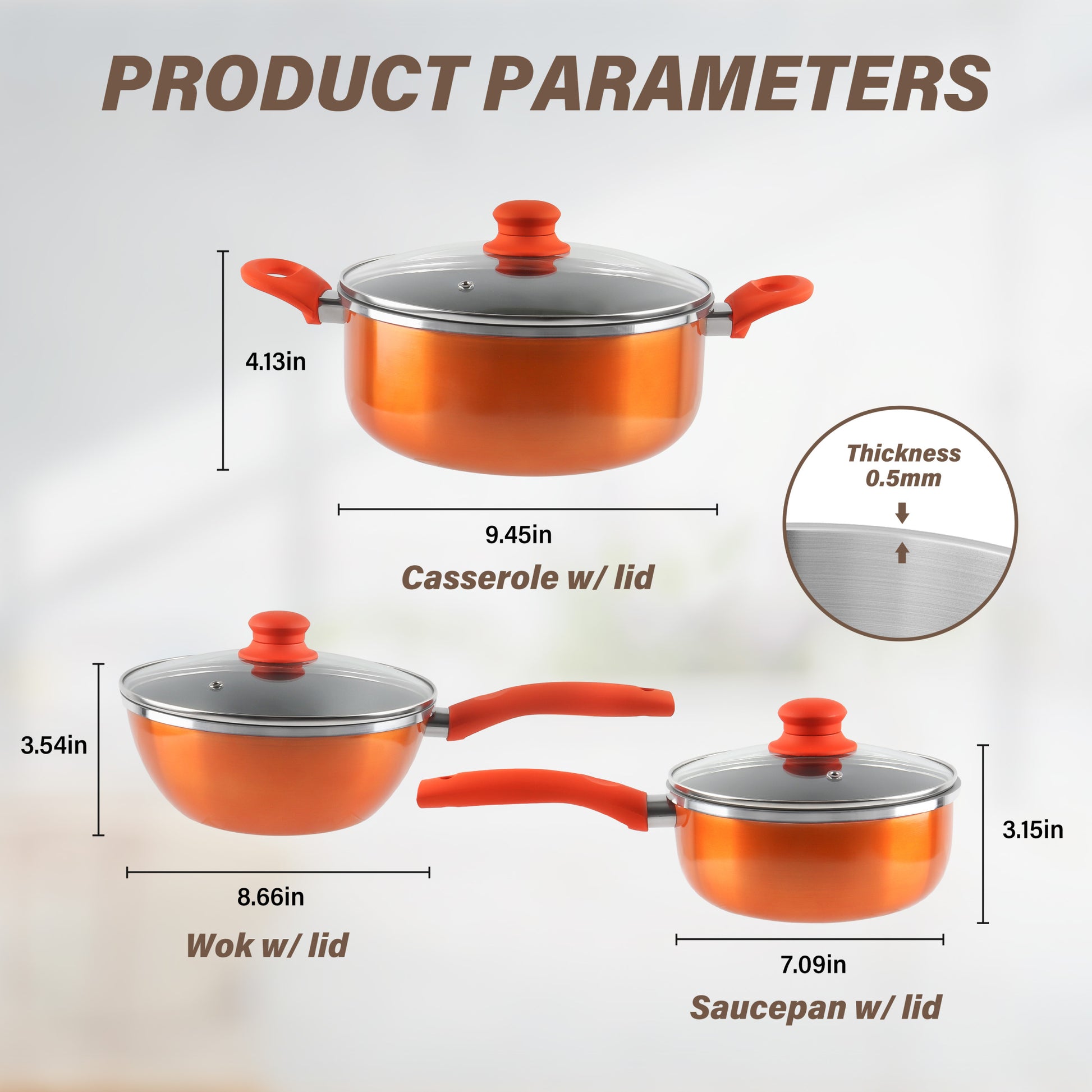 Stainless Steel 6 Piece Cookware Set: Mirror Polished, Induction Bottom, Straight Shape, Ss Lids, Sturdy Handles And Knobs Orange Kitchen Aluminium