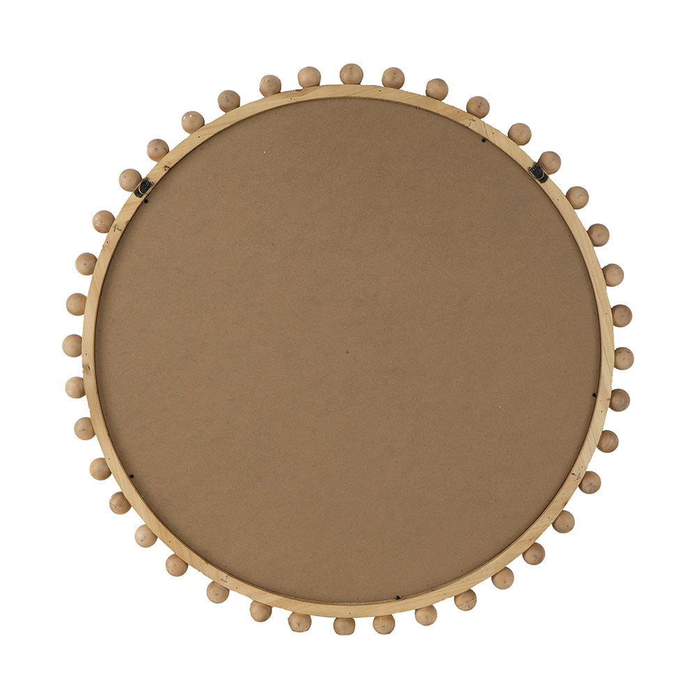 D34" Wood Round Mirror With Beaded Frame, Circle Wall Mirror For Living Room Bedroom Entryway Brown Wood Glass