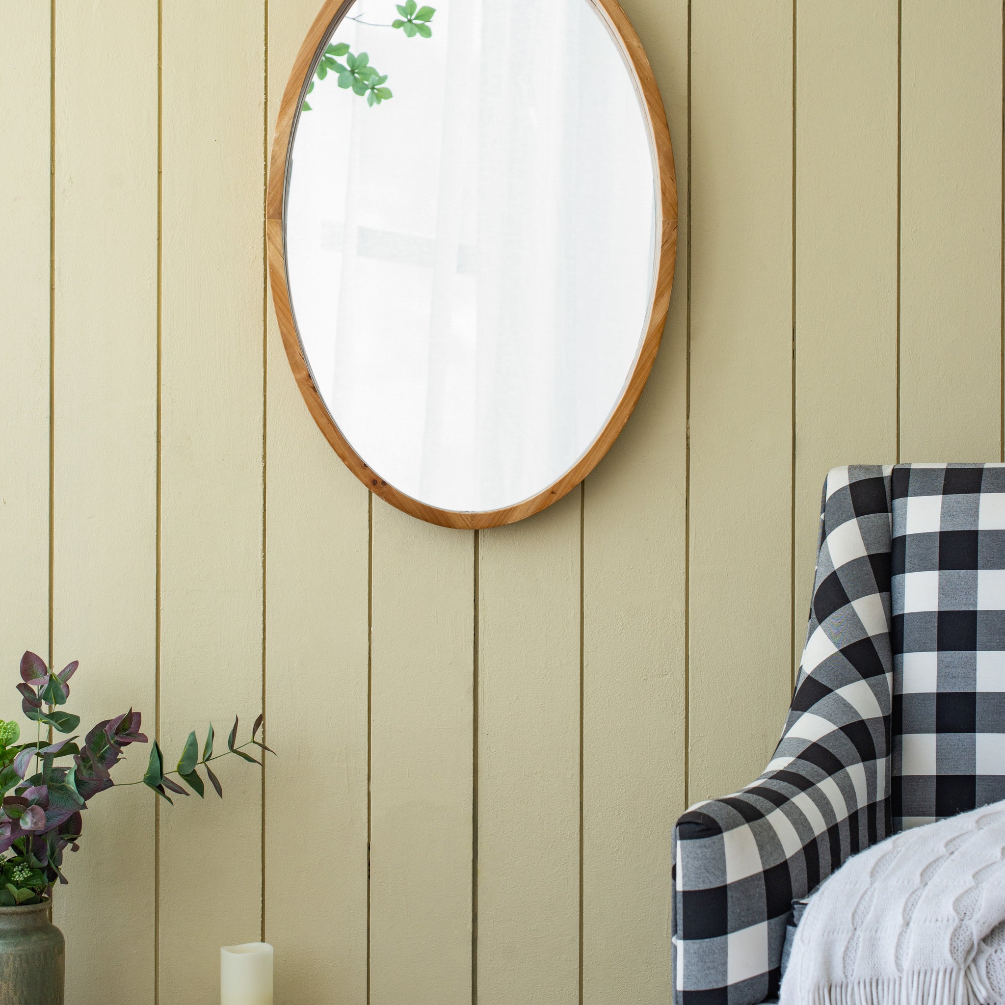 24" X 36" Oval Wall Mirror With Wood Frame, Farmhouse Wood Mirror For Bathroom Entryway Console Lean Against Wall Brown Wood Glass