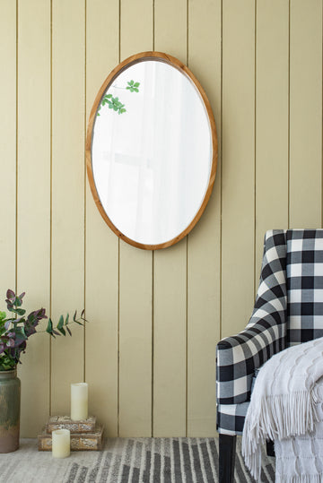 24" X 36" Oval Wall Mirror With Wood Frame, Farmhouse Wood Mirror For Bathroom Entryway Console Lean Against Wall Brown Wood Glass