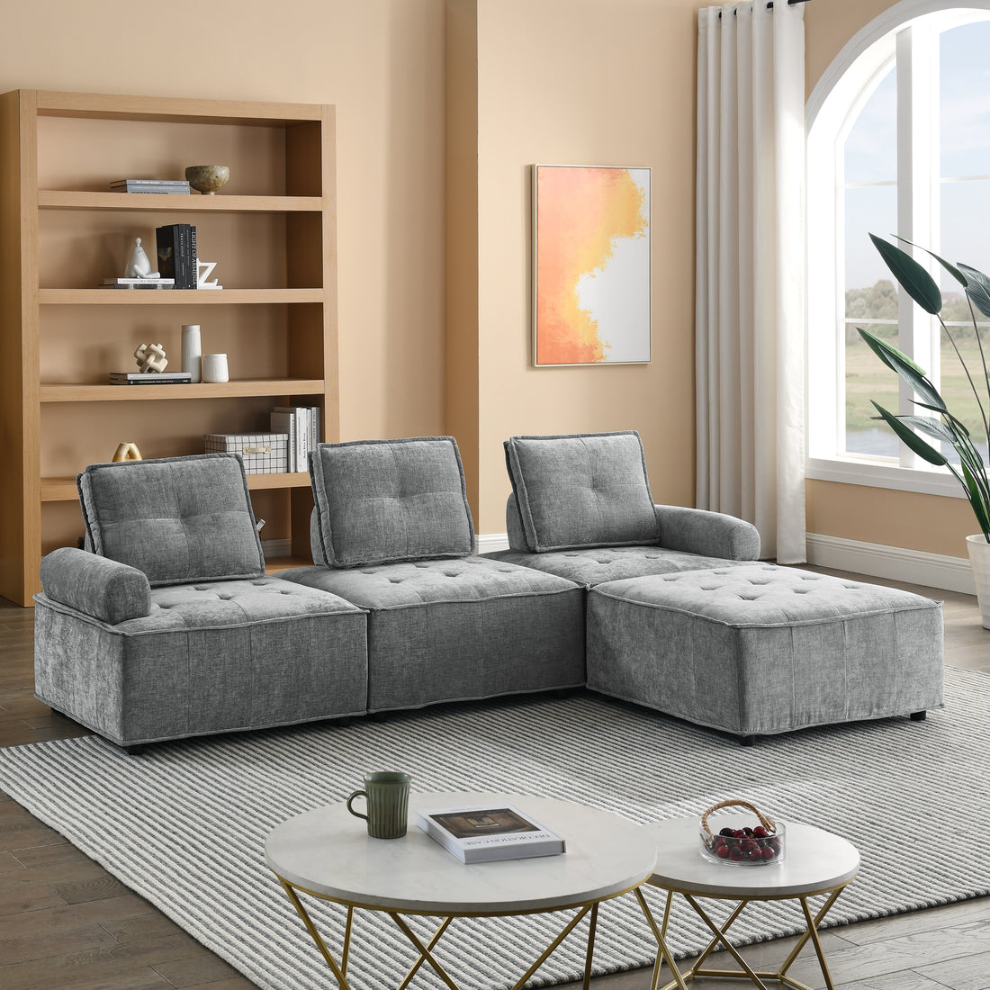 L Shape Modular Sectional Sofa, Diy Combination, Chenille Grey Chenille Wood Tight Back Eucalyptus Square Arms Foam Chenille 4 Seat