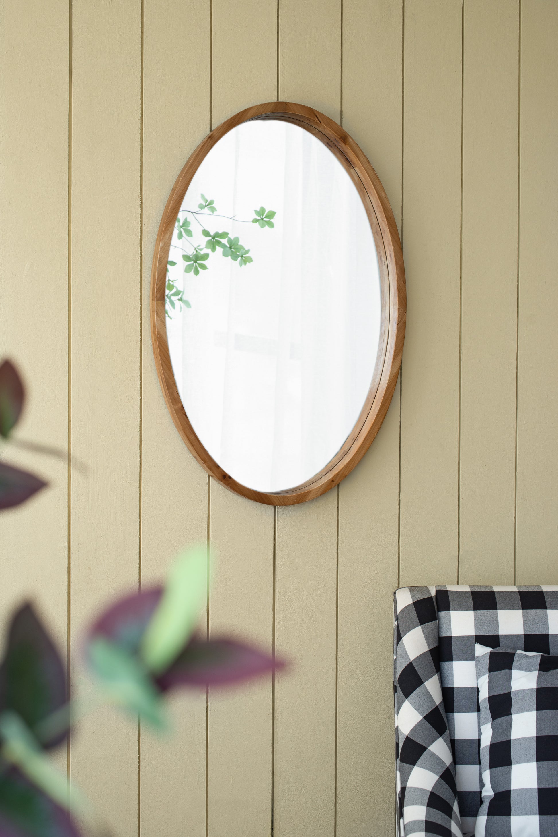 24" X 36" Oval Wall Mirror With Wood Frame, Farmhouse Wood Mirror For Bathroom Entryway Console Lean Against Wall Brown Wood Glass