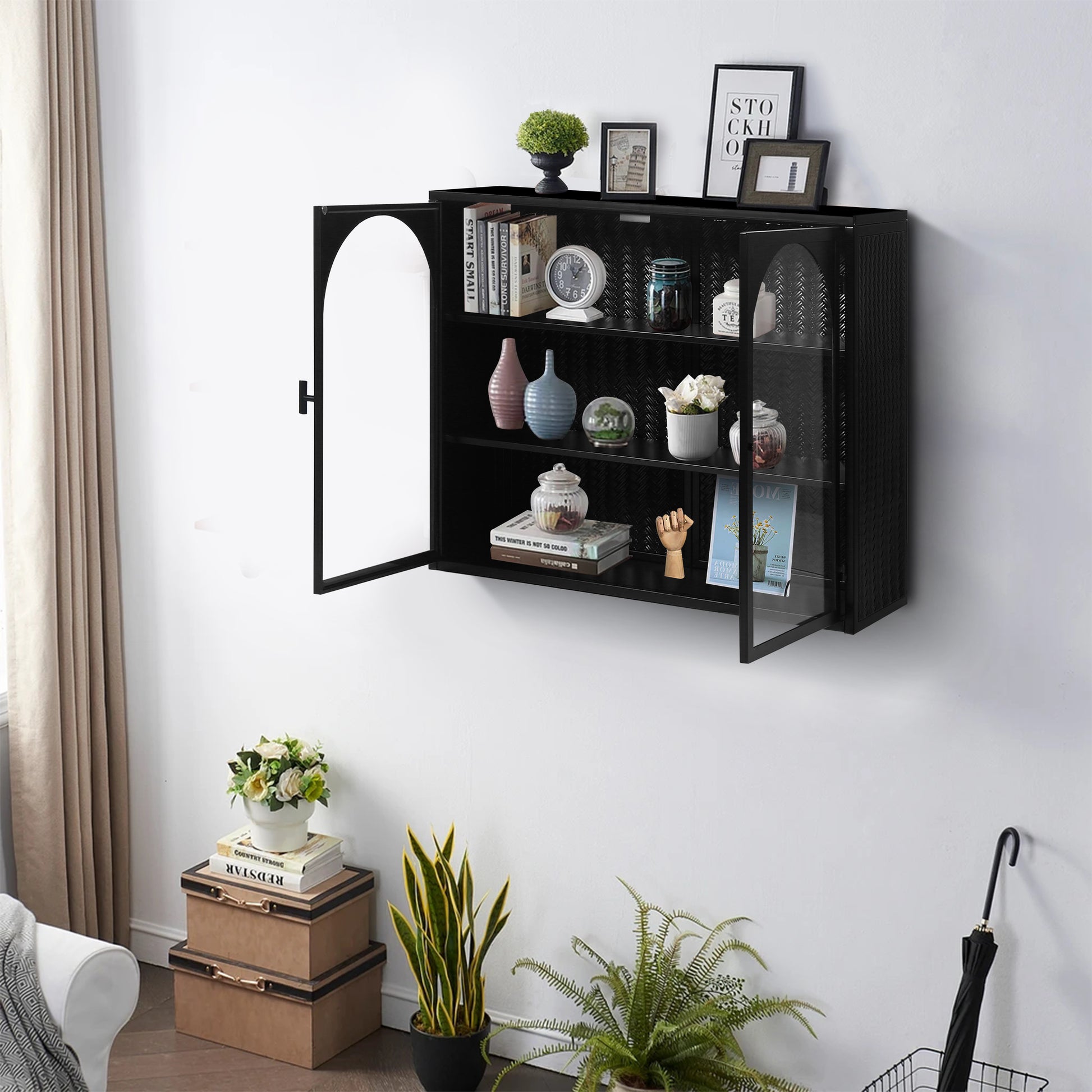 27.56"Glass Doors Modern Two Door Wall Cabinet With Featuring Three Tier Storage For Entryway Living Room Bathroom Dining Room,Wall Cabinet With Characteristic Woven Pattern,Black Black Metal