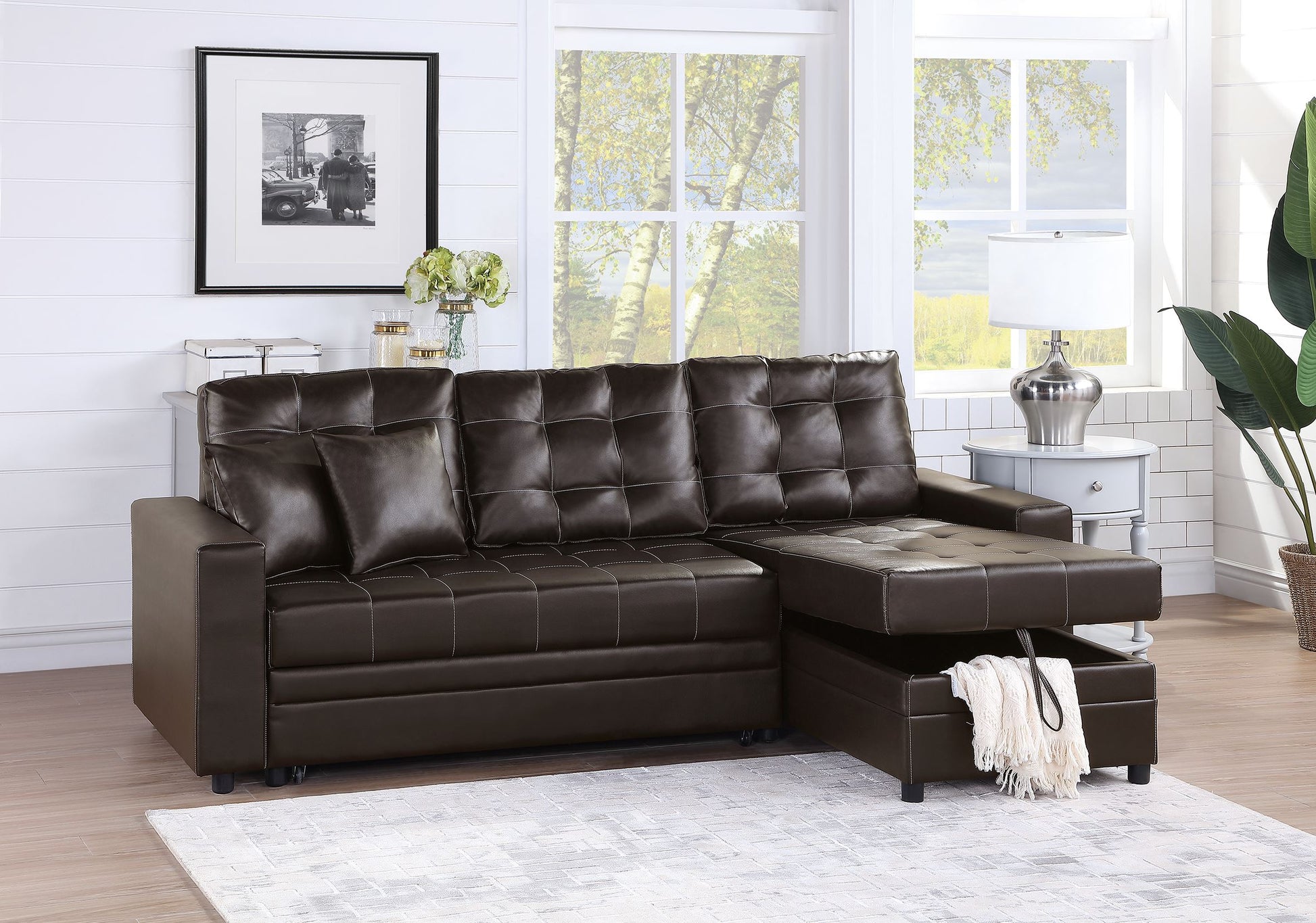 Sectional In Black Faux Leather Espresso Faux Leather