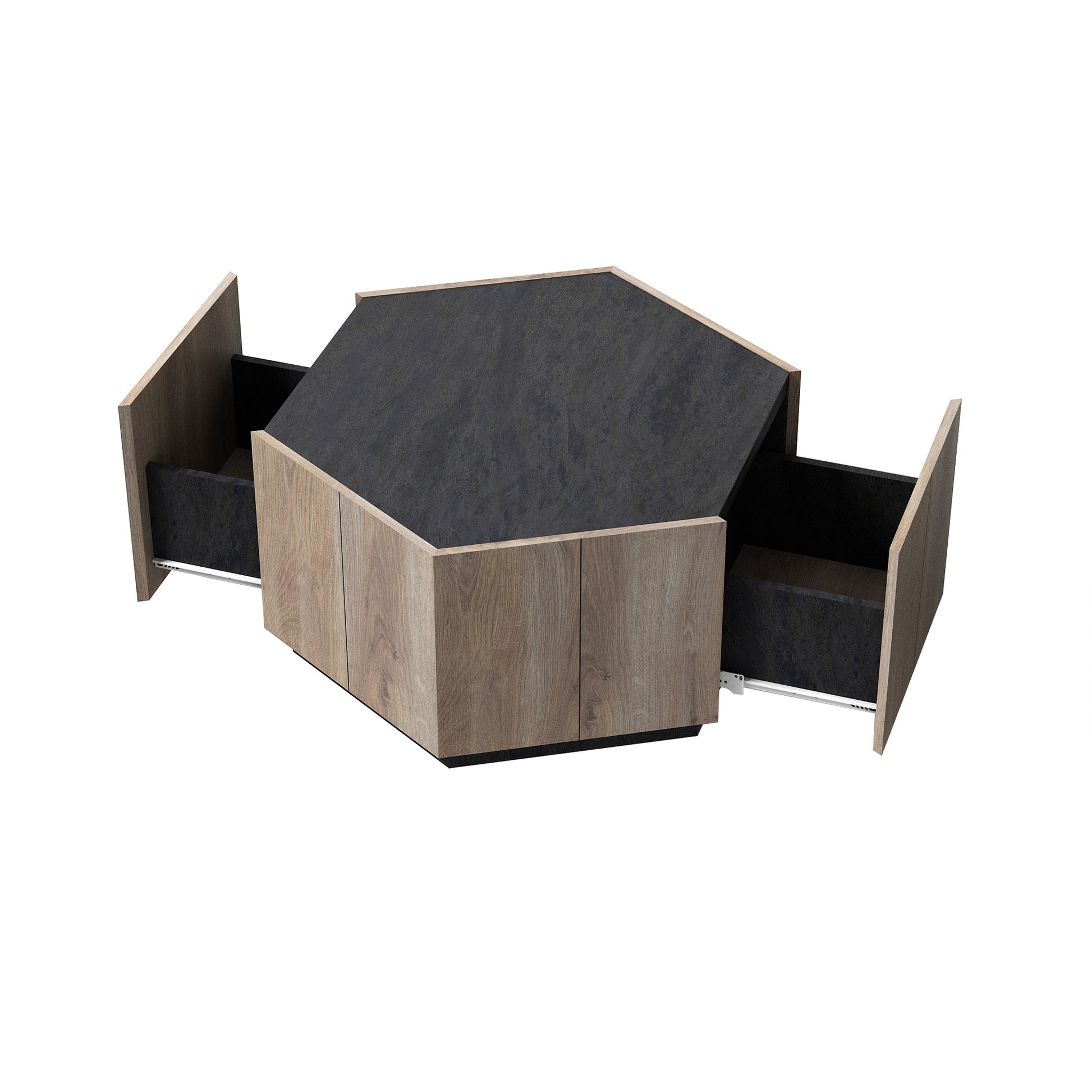 Hexagonal Rural Style Garden Retro Living Room Coffee Table With 2 Drawers, Textured Black Warm Oak Light Oak Particle Board