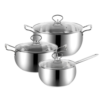 Sleek Stainless Steel 6 Piece Cookware Set: Mirror Polished Interior And Exterior, 0.5Mm Thickness, G Type Glass Lids, Induction Ready With Aluminum And Ss430# Bottom Plate Silver Aluminium