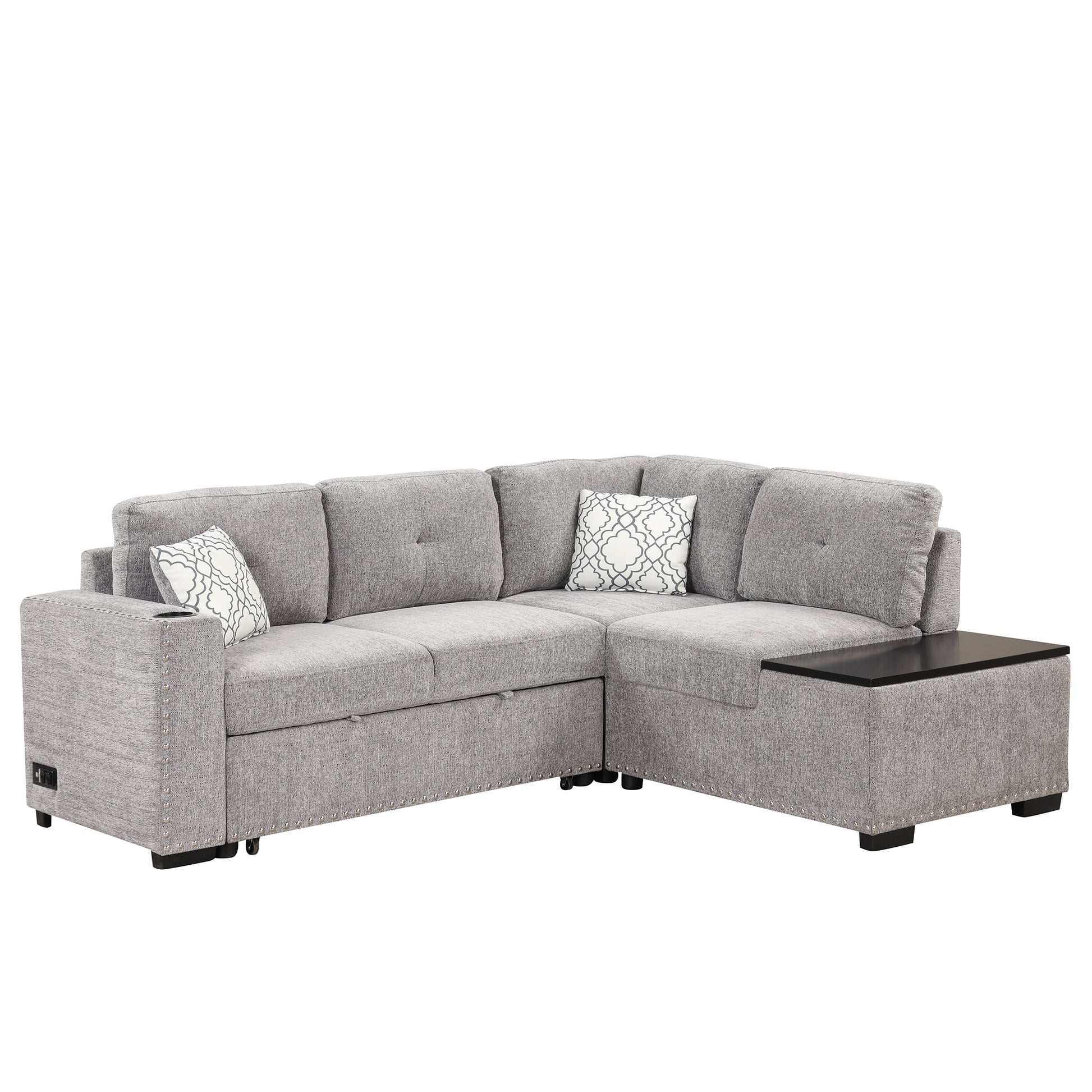 83.8" Sectional Pull Out Sofa Bed L Shaped Corner Sofa Couch With Storage Chaise, Usb Ports, Power Sockets, Cup Holder For Living Room, Bedroom, Study, Light Gray Light Grey Foam Chenille