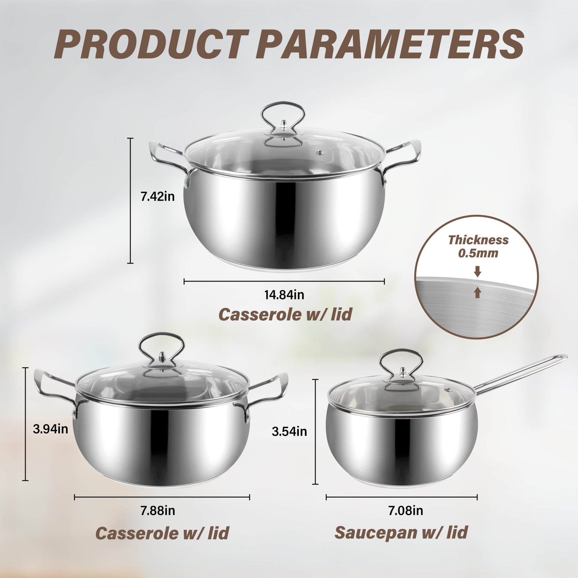 Sleek Stainless Steel 6 Piece Cookware Set: Mirror Polished Interior And Exterior, 0.5Mm Thickness, G Type Glass Lids, Induction Ready With Aluminum And Ss430# Bottom Plate Silver Aluminium