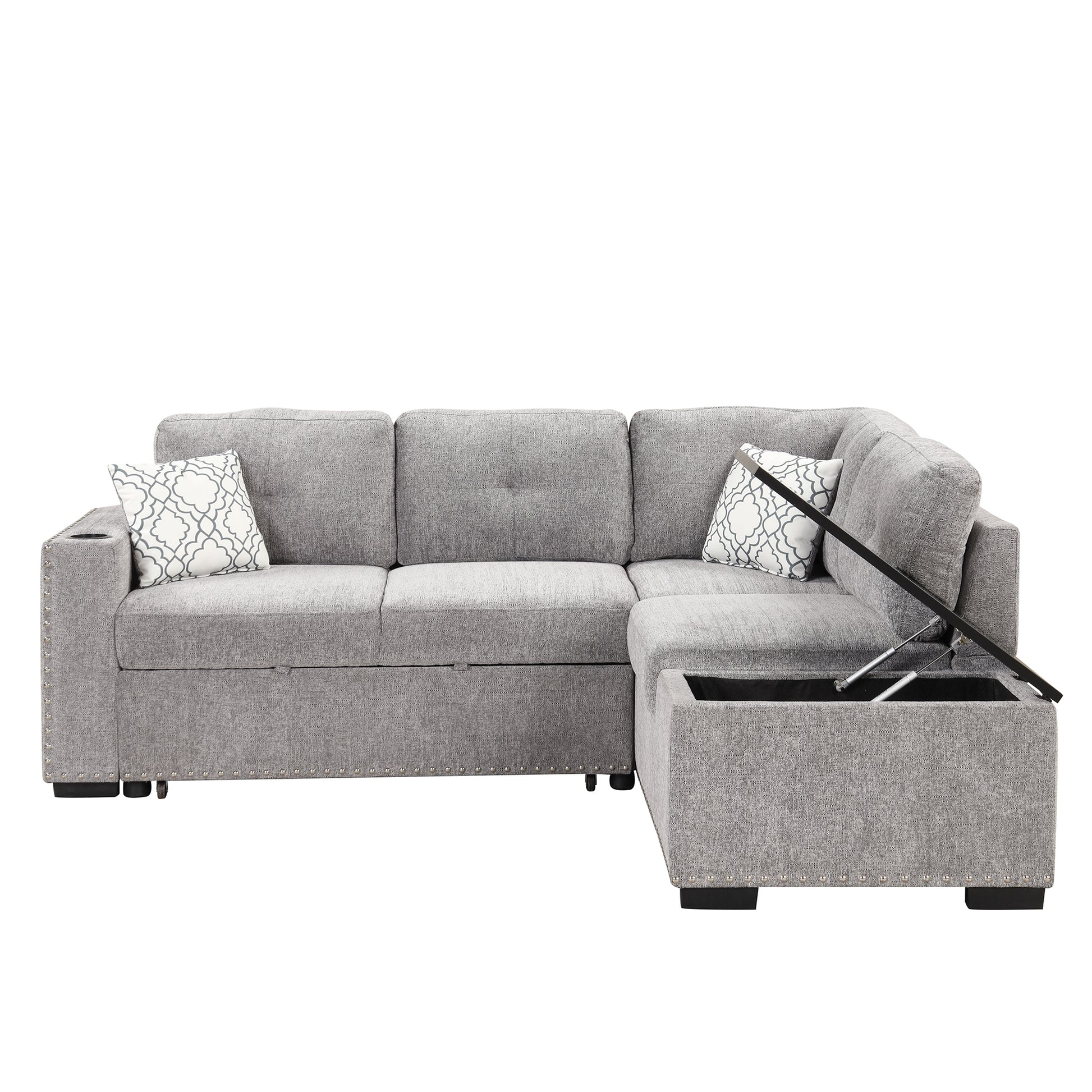 83.8" Sectional Pull Out Sofa Bed L Shaped Corner Sofa Couch With Storage Chaise, Usb Ports, Power Sockets, Cup Holder For Living Room, Bedroom, Study, Light Gray Light Grey Foam Chenille