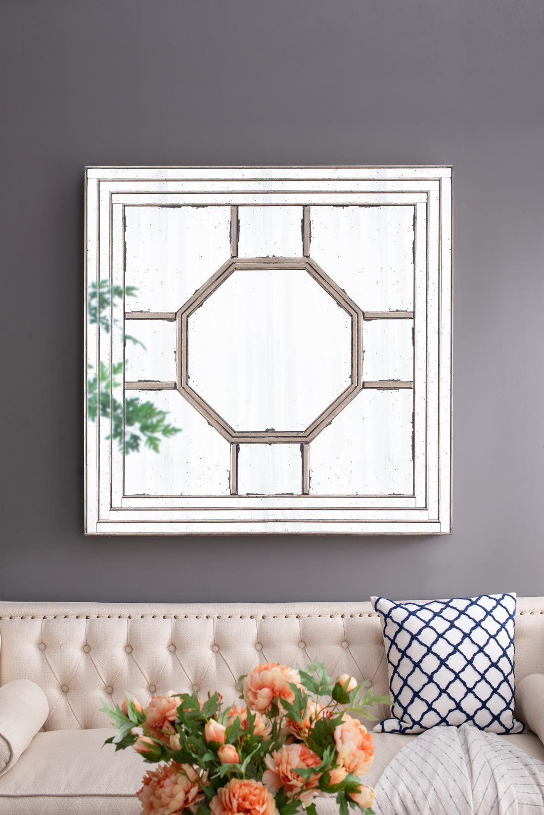 48"X48" Antique Style Decorative Square Wall Mirror With Mirrored Frame, Wall Decor For Living Room Entryway, Console Lean Against Wall Silver Mdf Glass