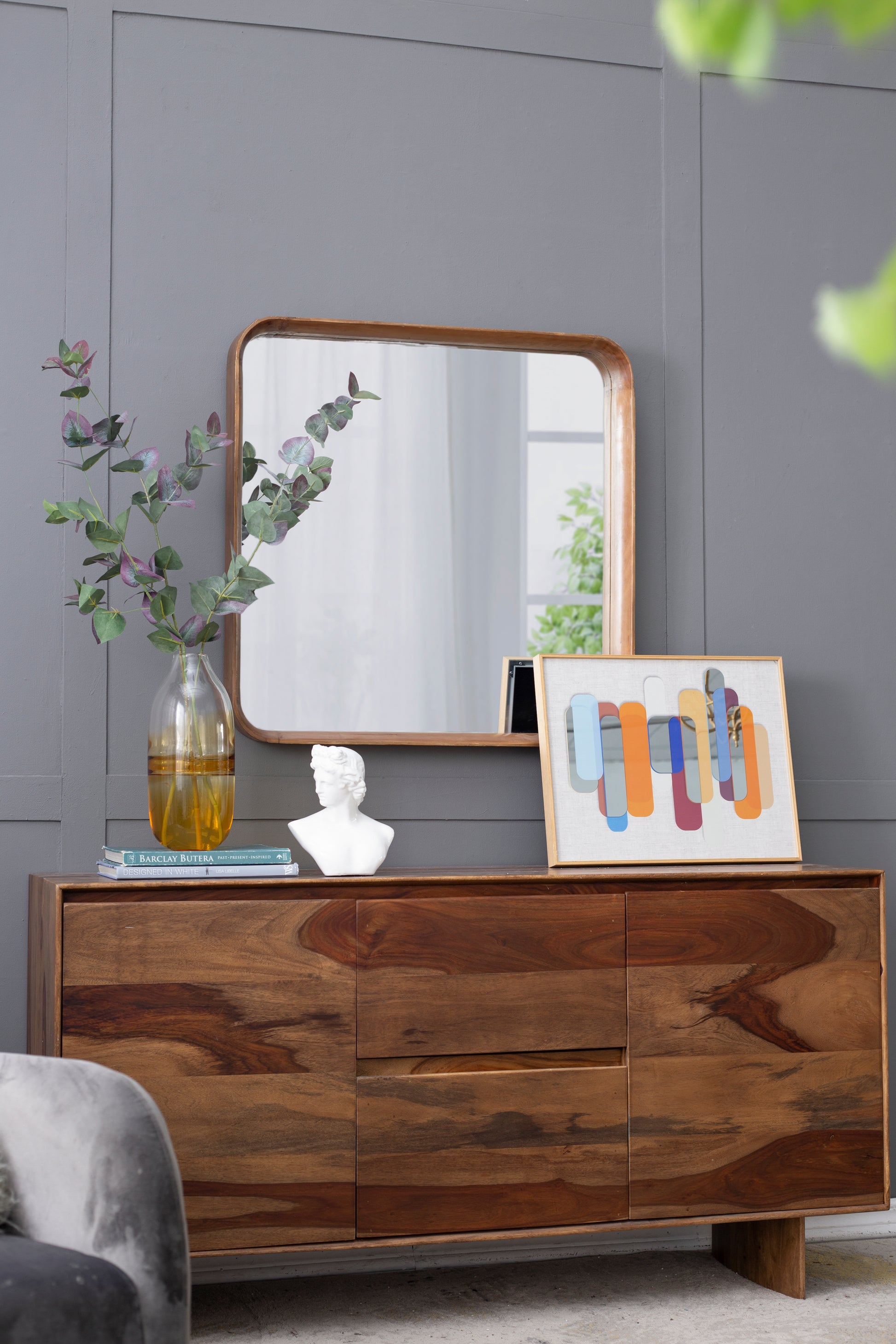 32"X32" Square Mirror With Wood Frame, Wall Mirror For Living Room Bathroom Entryway Brown Wood Glass