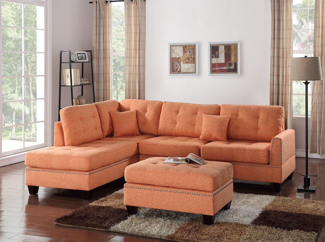 Modern Citrus Color 3Pcs Sectional Living Room Furniture Reversible Chaise Sofa And Ottoman Tufted Polyfiber Linen Like Fabric Cushion Couch Pillows Orange Primary Living Space Tufted Back Contemporary,Modern L Shaped Square Arms Plywood 5 Seat