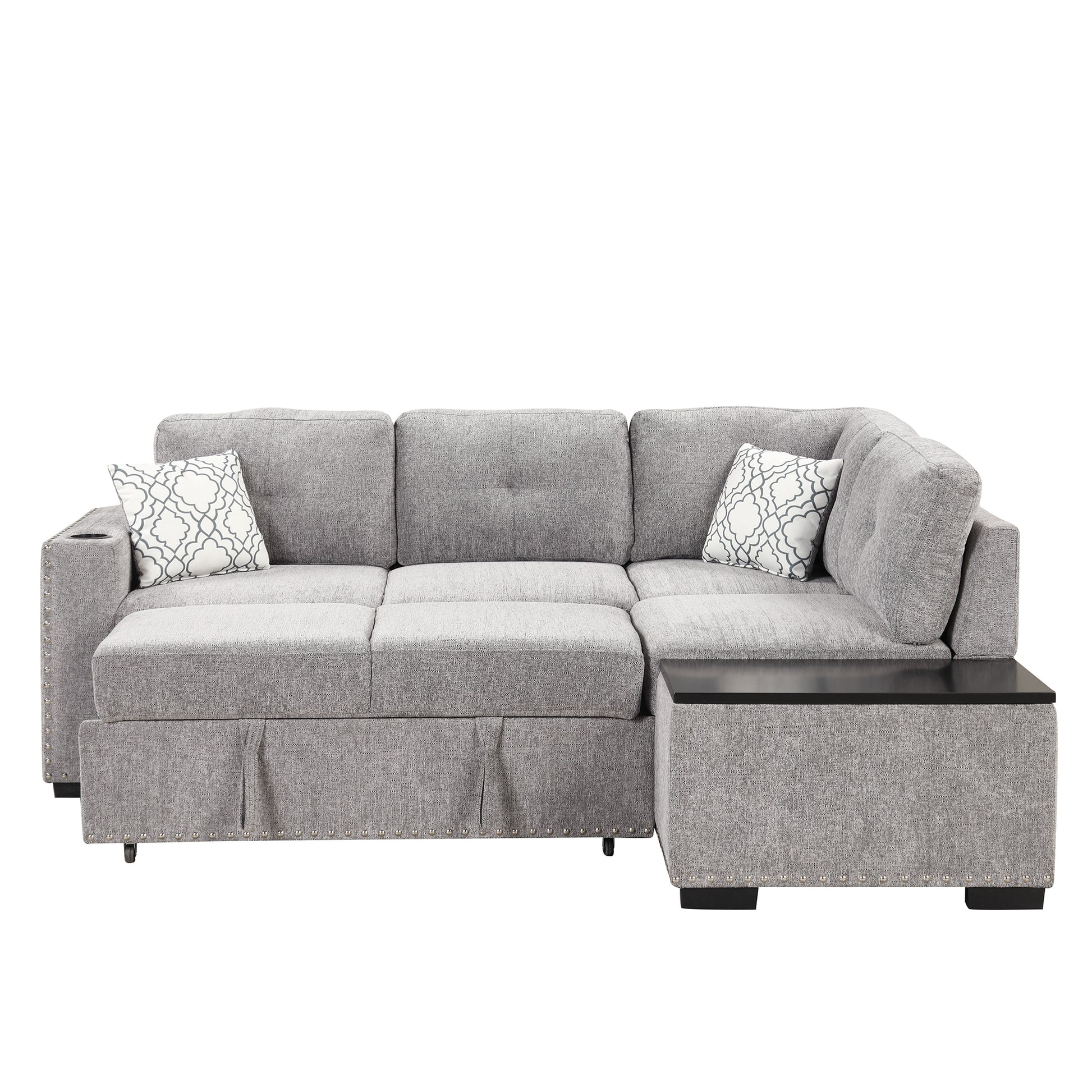 83.8" Sectional Pull Out Sofa Bed L Shaped Corner Sofa Couch With Storage Chaise, Usb Ports, Power Sockets, Cup Holder For Living Room, Bedroom, Study, Light Gray Light Grey Foam Chenille