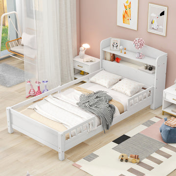 Wood Twin Size Platform Bed With Built In Led Light, Storage Headboard And Guardrail, White Box Spring Not Required Twin White Wood Bedroom Bed Frame Solid Wood Mdf