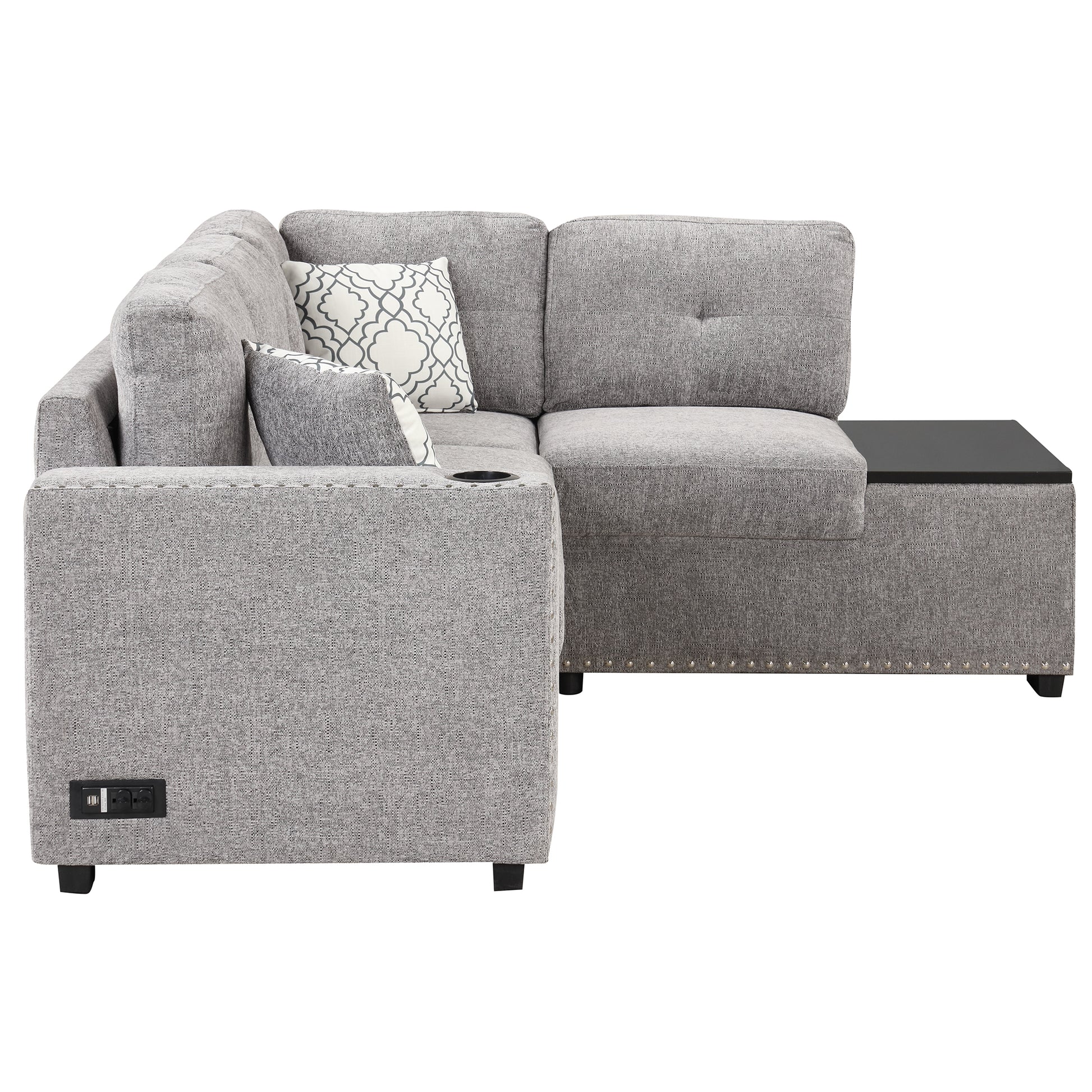 83.8" Sectional Pull Out Sofa Bed L Shaped Corner Sofa Couch With Storage Chaise, Usb Ports, Power Sockets, Cup Holder For Living Room, Bedroom, Study, Light Gray Light Grey Foam Chenille