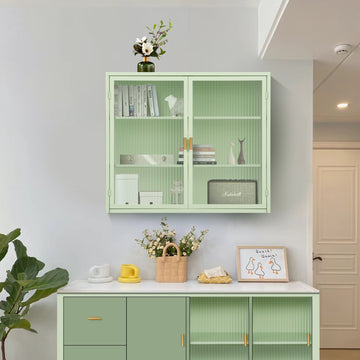 27.56"Glass Doors Modern Two Door Wall Cabinet With Featuring Three Tier Storage For Entryway Living Room Bathroom Dining Room,Mint Green Mint Green Metal