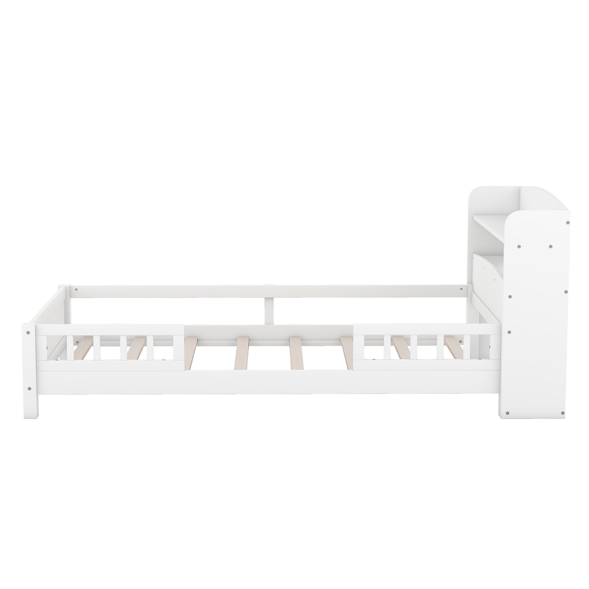 Wood Twin Size Platform Bed With Built In Led Light, Storage Headboard And Guardrail, White Box Spring Not Required Twin White Wood Bedroom Bed Frame Solid Wood Mdf