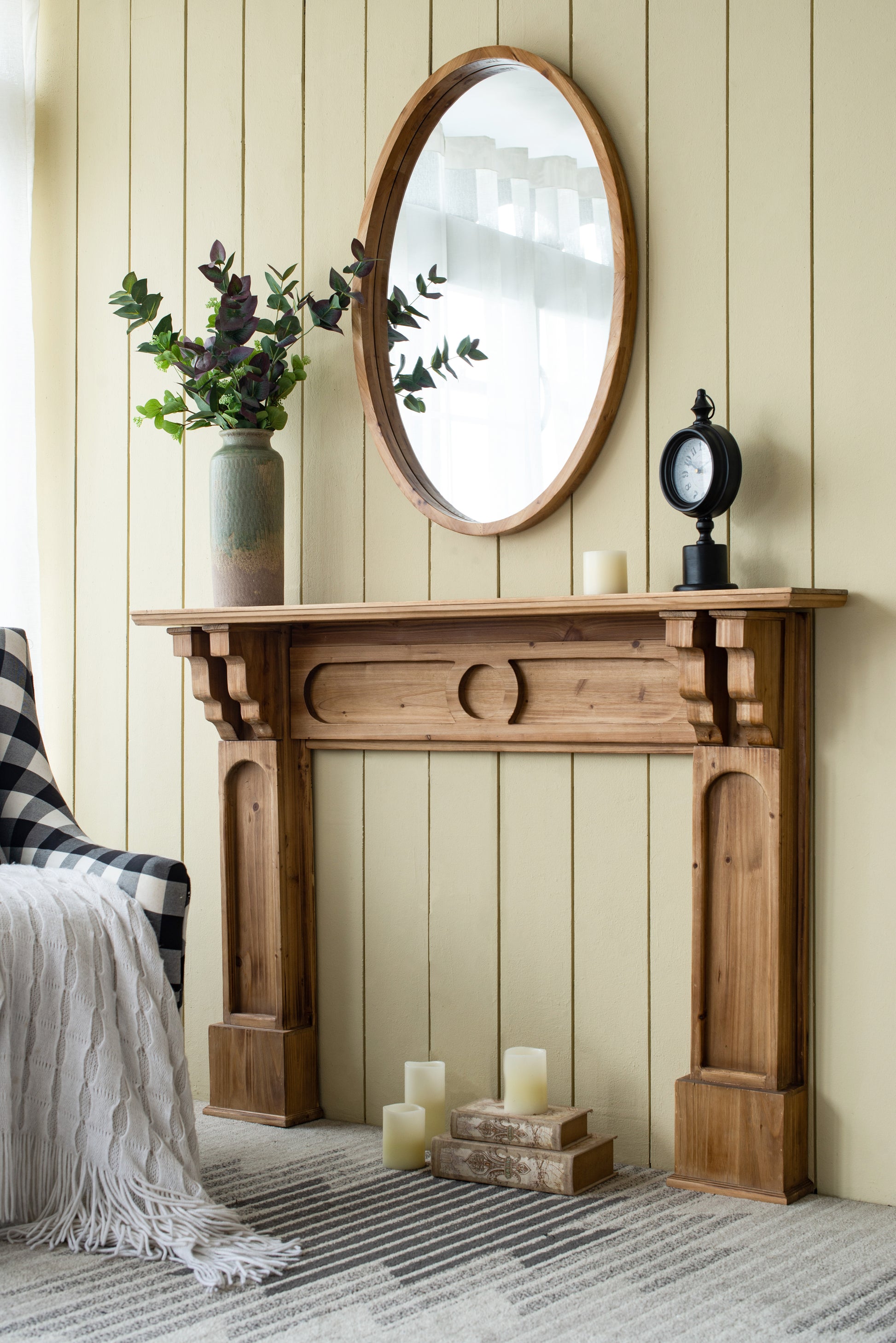 24" X 36" Oval Wall Mirror With Wood Frame, Farmhouse Wood Mirror For Bathroom Entryway Console Lean Against Wall Brown Wood Glass