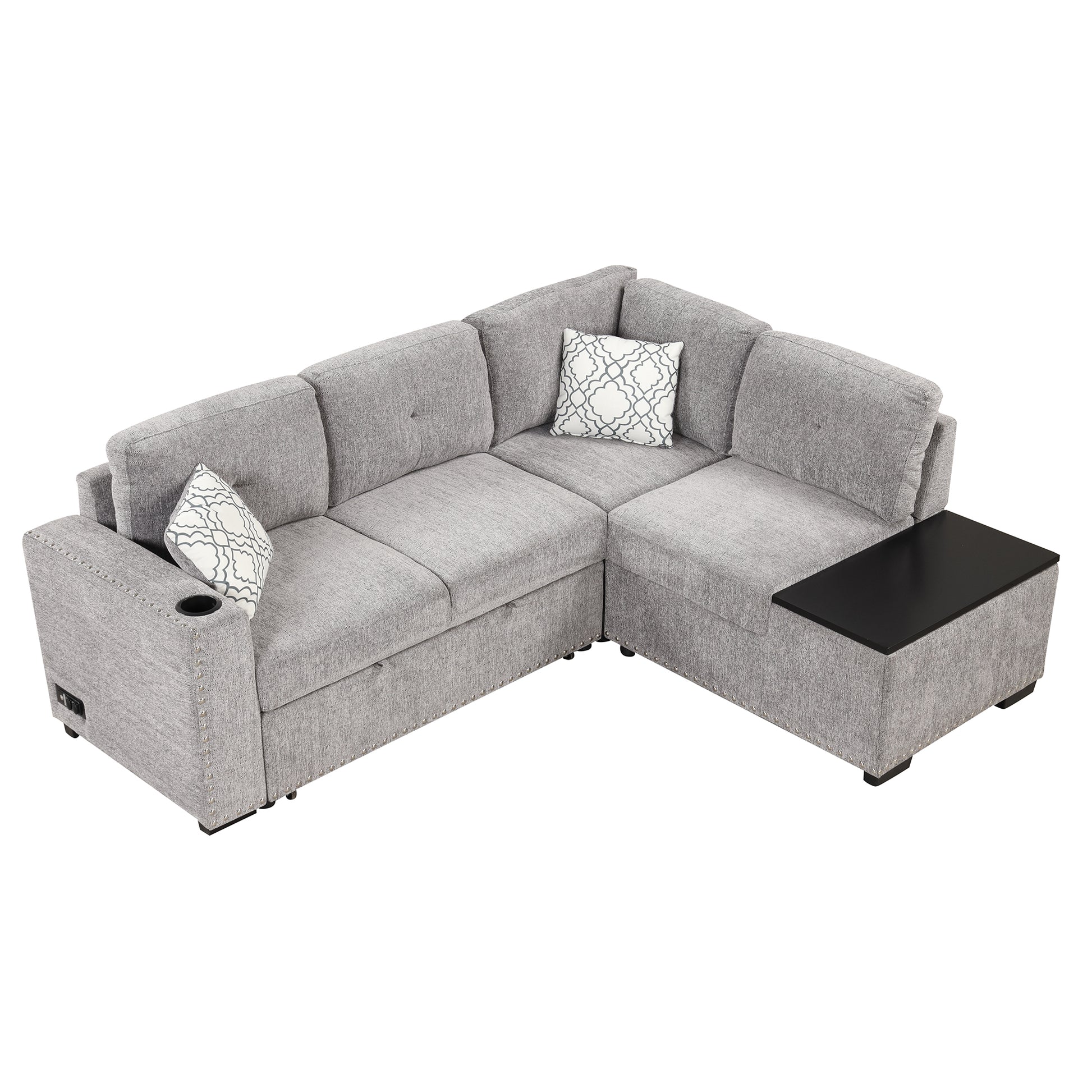 83.8" Sectional Pull Out Sofa Bed L Shaped Corner Sofa Couch With Storage Chaise, Usb Ports, Power Sockets, Cup Holder For Living Room, Bedroom, Study, Light Gray Light Grey Foam Chenille