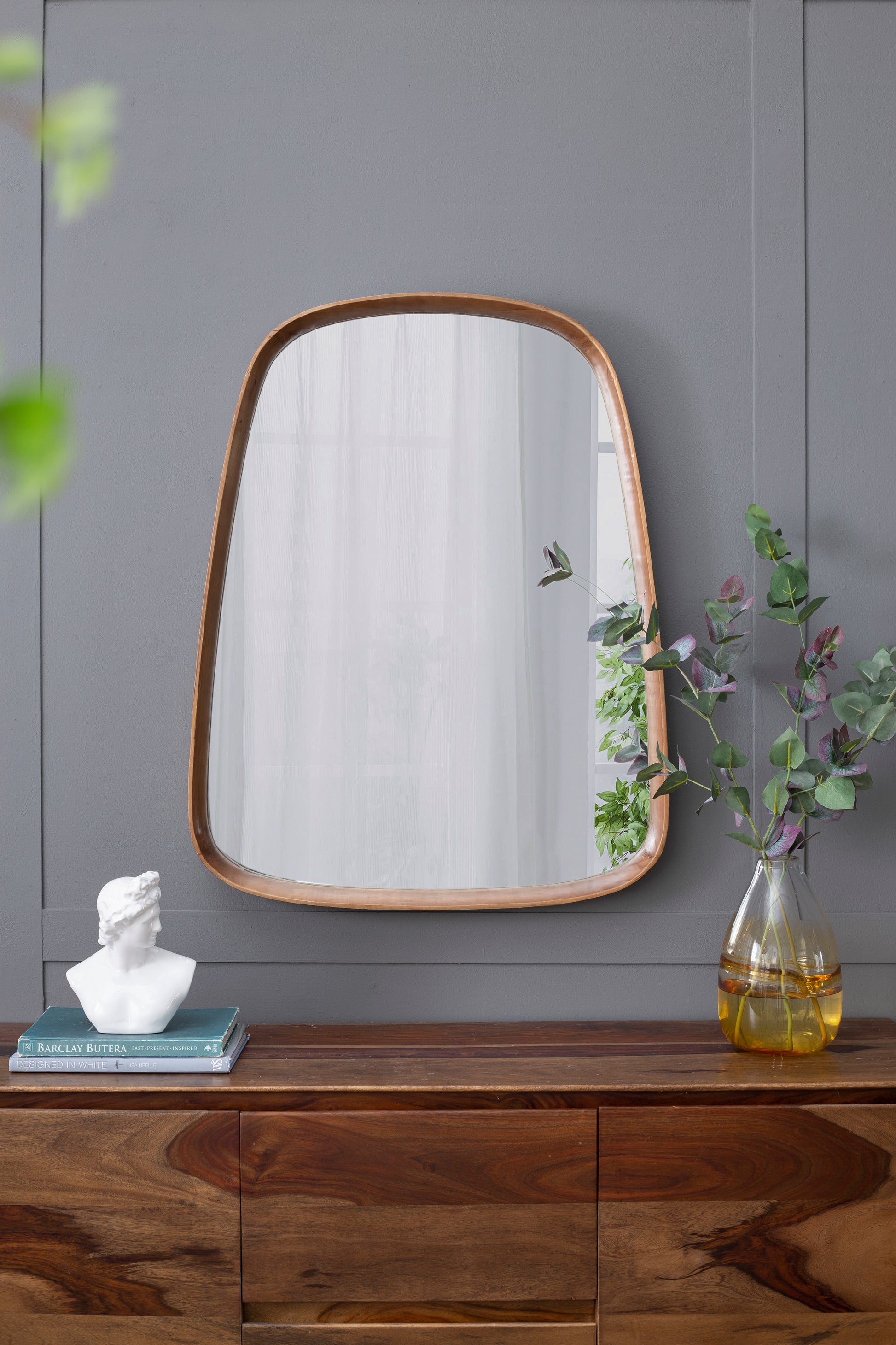 27"X37" Irrgeular Mirror With Wood Frame, Wall Mirror For Living Room Bathroom Entryway Brown Wood Glass