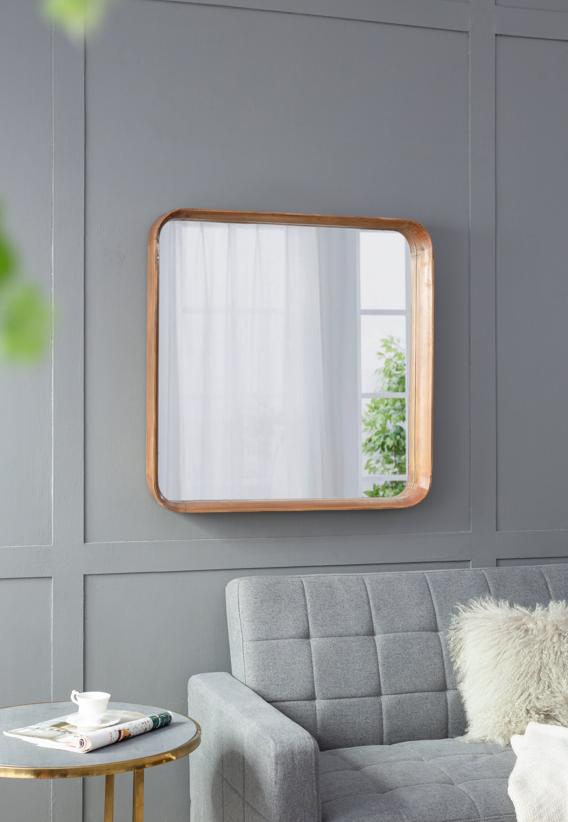 32"X32" Square Mirror With Wood Frame, Wall Mirror For Living Room Bathroom Entryway Brown Wood Glass