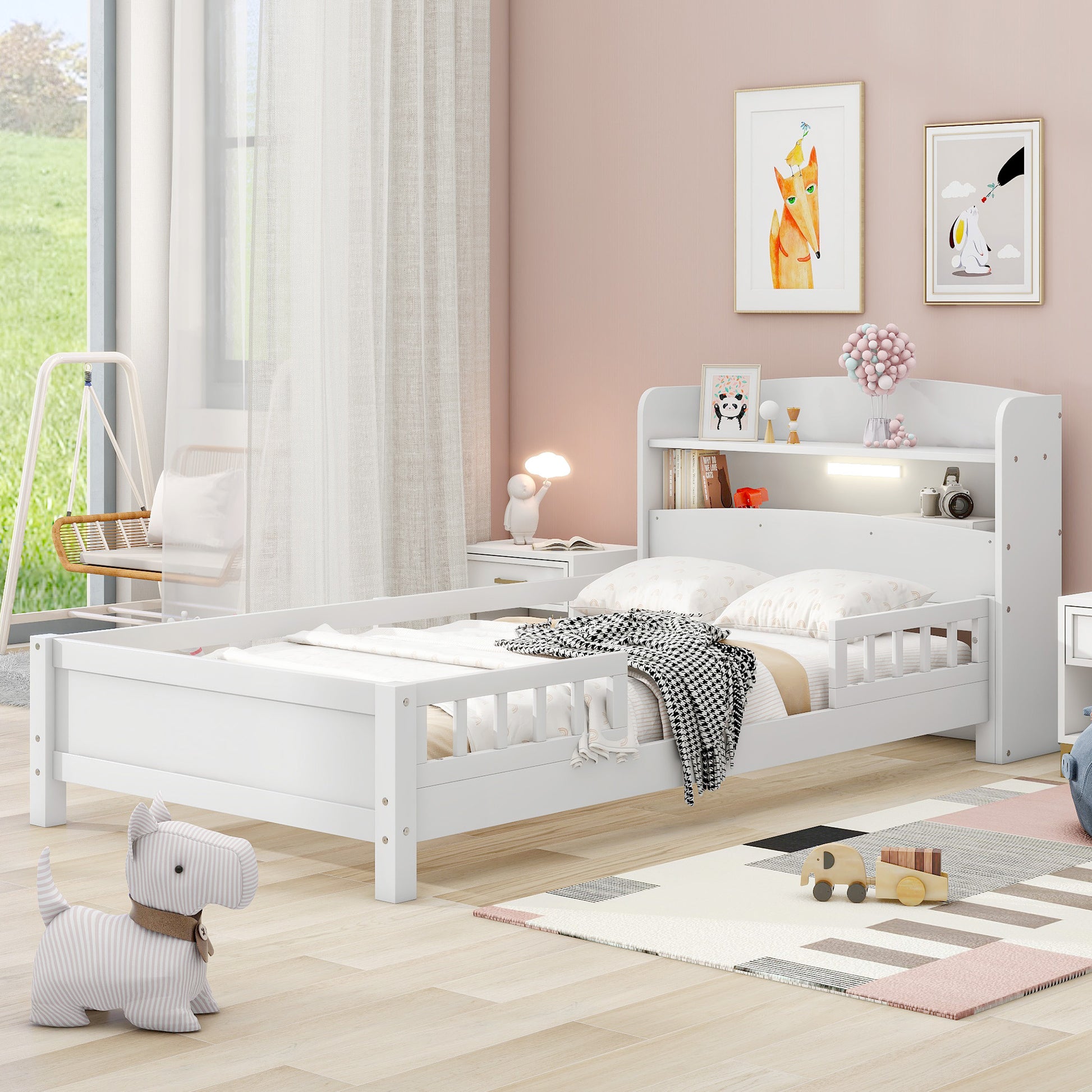 Wood Twin Size Platform Bed With Built In Led Light, Storage Headboard And Guardrail, White Box Spring Not Required Twin White Wood Bedroom Bed Frame Solid Wood Mdf