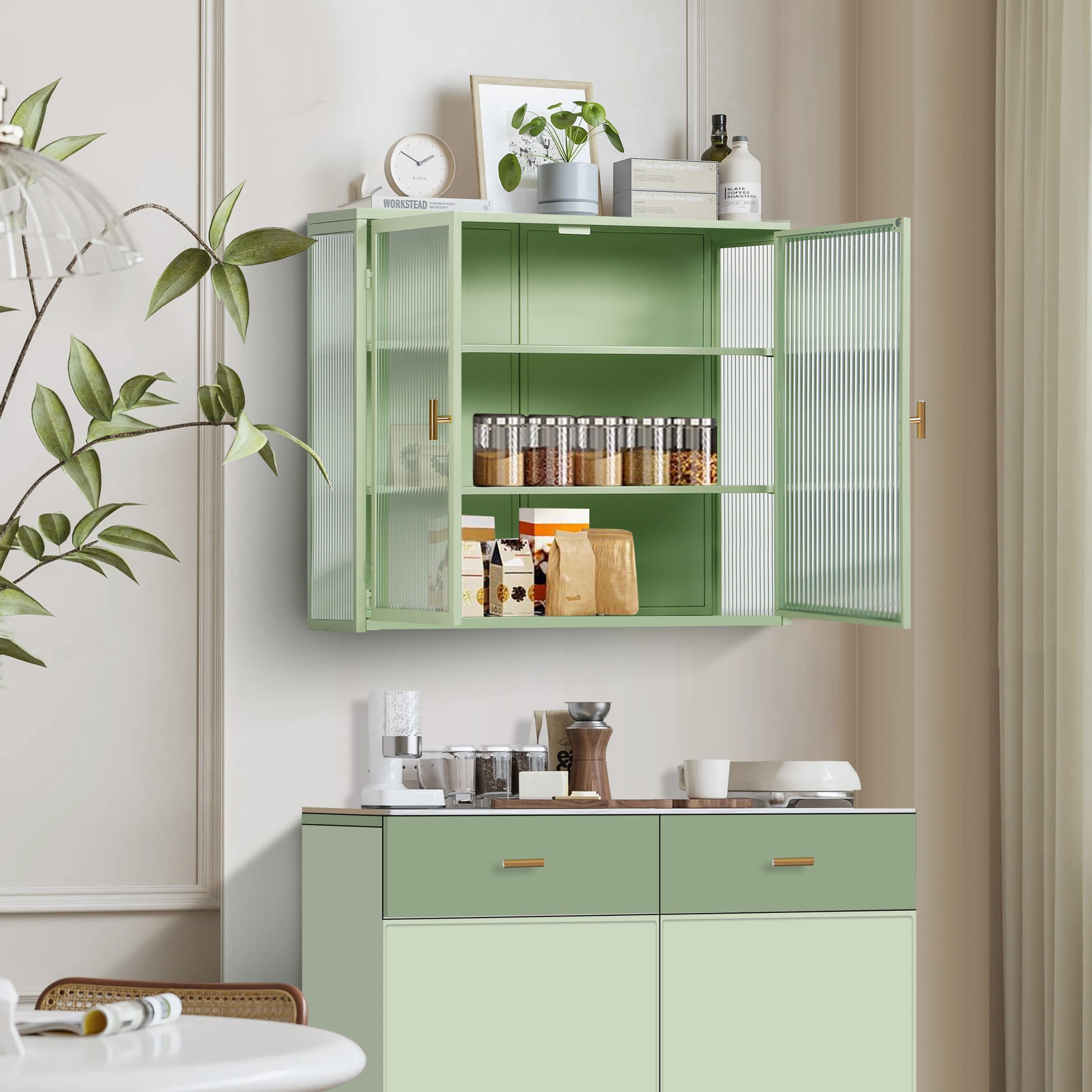 27.56"Glass Doors Modern Two Door Wall Cabinet With Featuring Three Tier Storage For Entryway Living Room Bathroom Dining Room,Mint Green Mint Green Metal