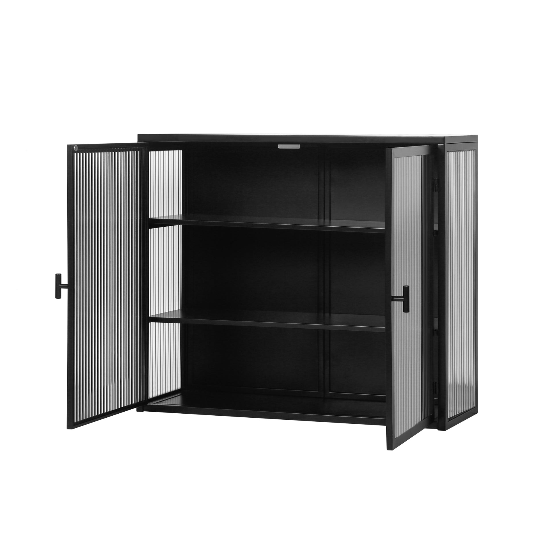 27.56"Glass Doors Modern Two Door Wall Cabinet With Featuring Three Tier Storage For Entryway Living Room Bathroom Dining Room,Black Black Metal