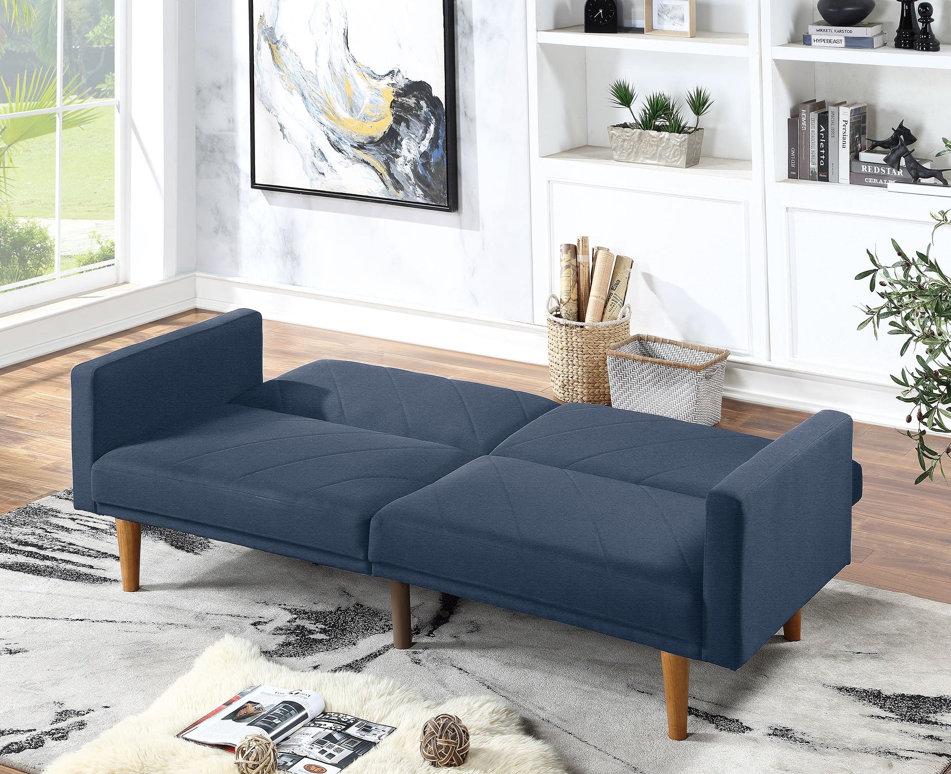 Adjustable Sofa In Black Faux Leather Navy Fabric