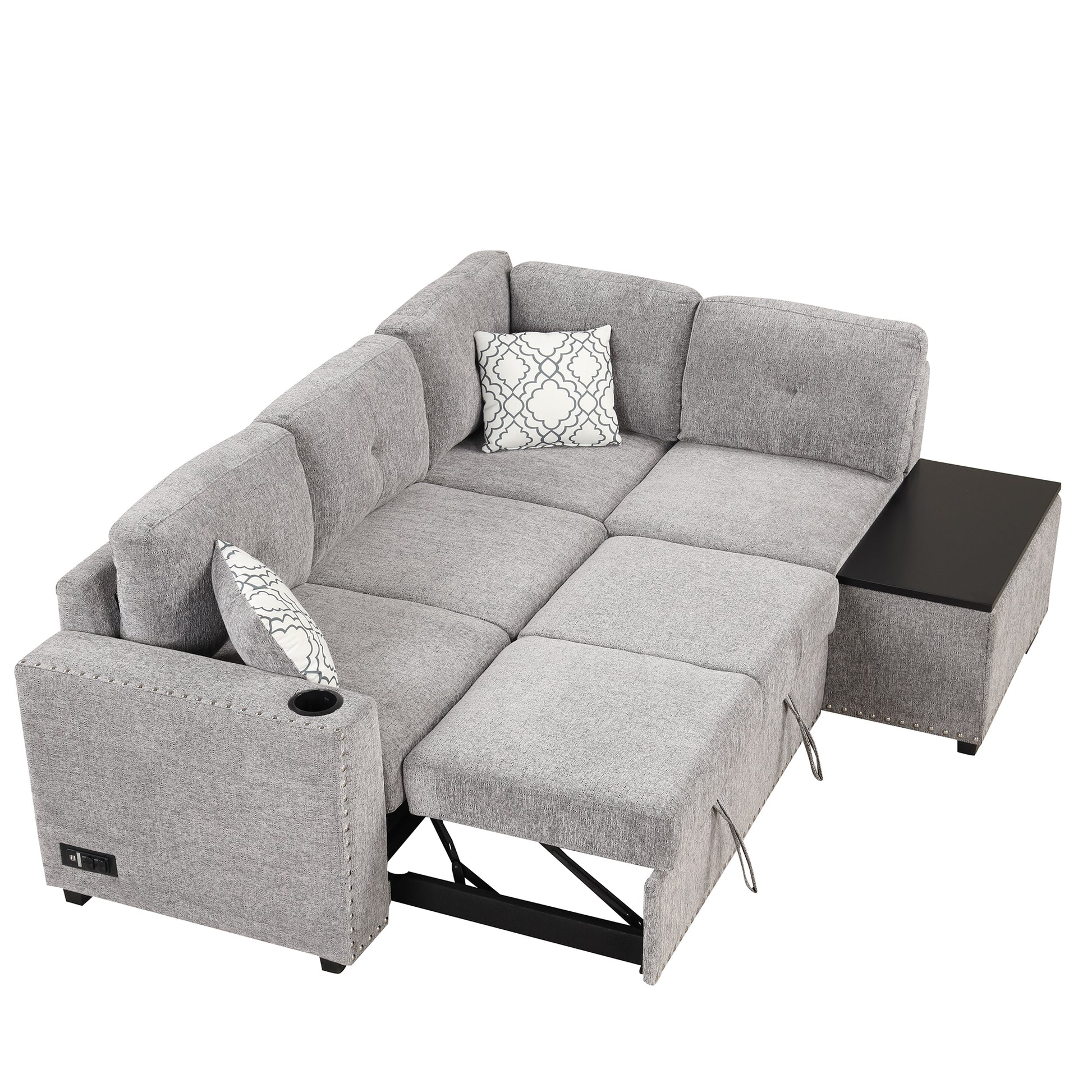 83.8" Sectional Pull Out Sofa Bed L Shaped Corner Sofa Couch With Storage Chaise, Usb Ports, Power Sockets, Cup Holder For Living Room, Bedroom, Study, Light Gray Light Grey Foam Chenille