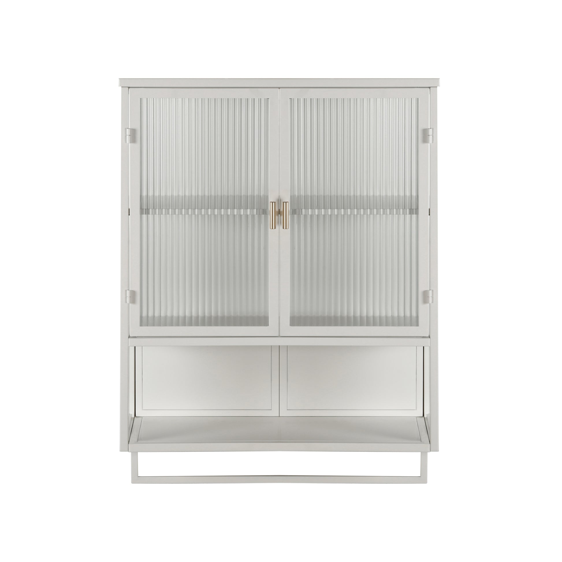 23.62"Glass Doors Modern Two Door Wall Cabinet With Featuring Two Tier Enclosed Storage, An Open Shelf, And Towel Rack, For Entryway Living Room Bathroom Dining Room White Metal