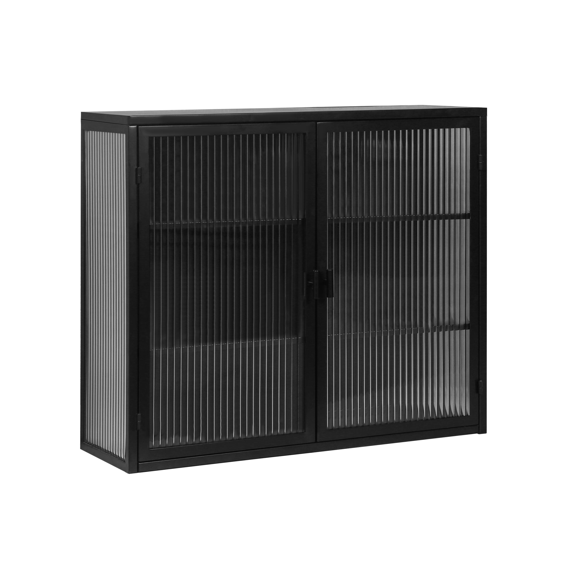 27.56"Glass Doors Modern Two Door Wall Cabinet With Featuring Three Tier Storage For Entryway Living Room Bathroom Dining Room,Black Black Metal