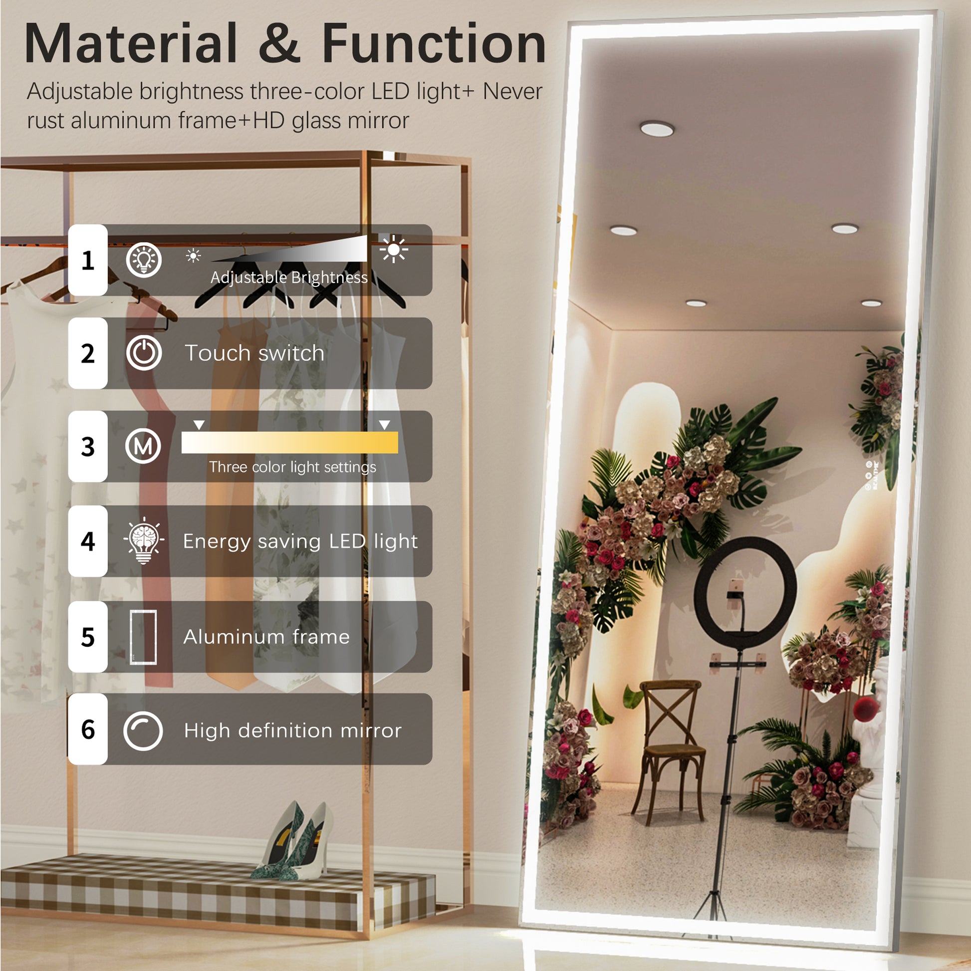 72X32 Inch Oversized Led Bathroom Mirror Wall Mounted Mirror With 3 Color Modes Aluminum Frame Wall Mirror Large Full Length Mirror With Lights Lighted Full Body Mirror For Bedroom Living Room, Silver Silver Aluminium