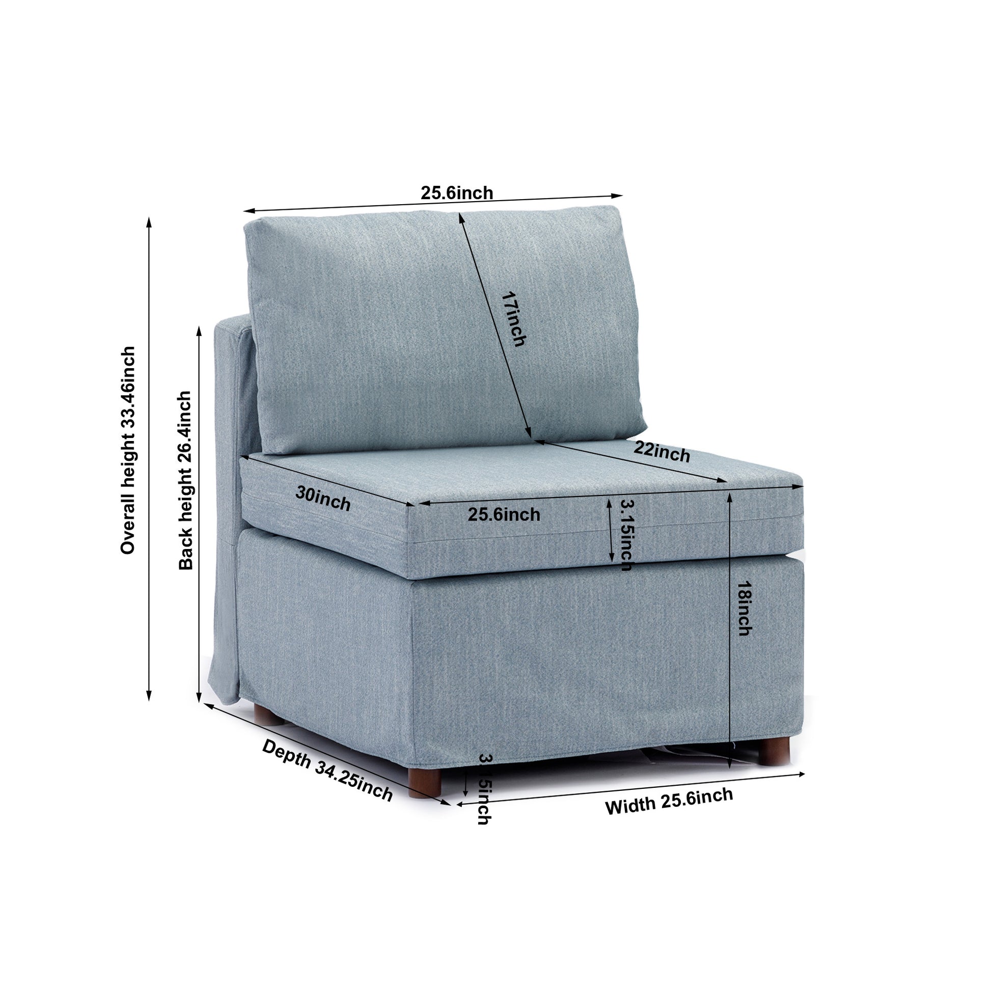 Modern Fabric Linen Middle Module For Modular Sofa Sectional Sofa Couch Accent Armless Chair, Cushion Covers Removable And Washable,Light Blue Light Blue Wood Medium Soft Cushion Back Modern Rubberwood Armless Foam Linen 1 Seat
