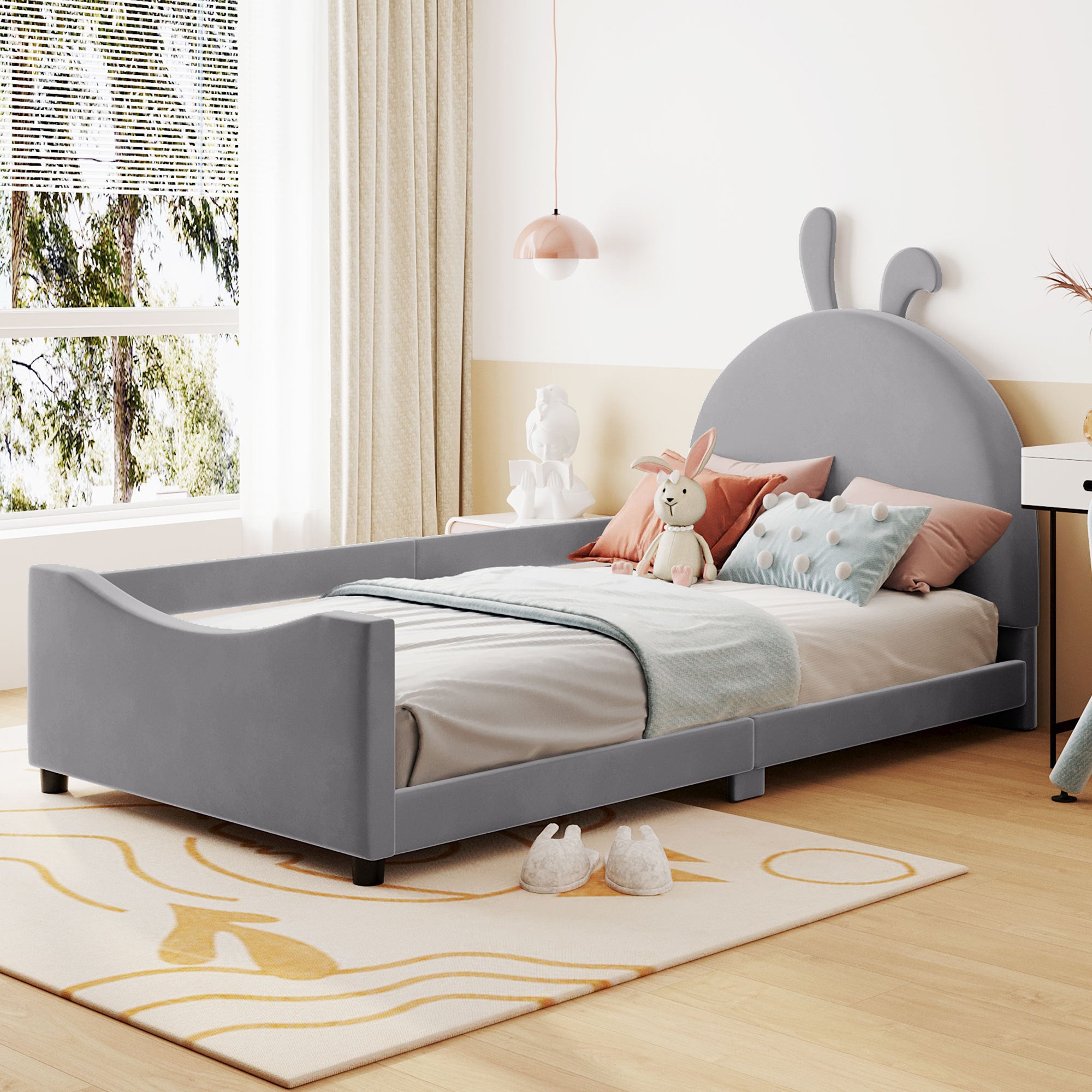 Twin Size Upholstered Daybed with Rabbit Ear Shaped gray-velvet