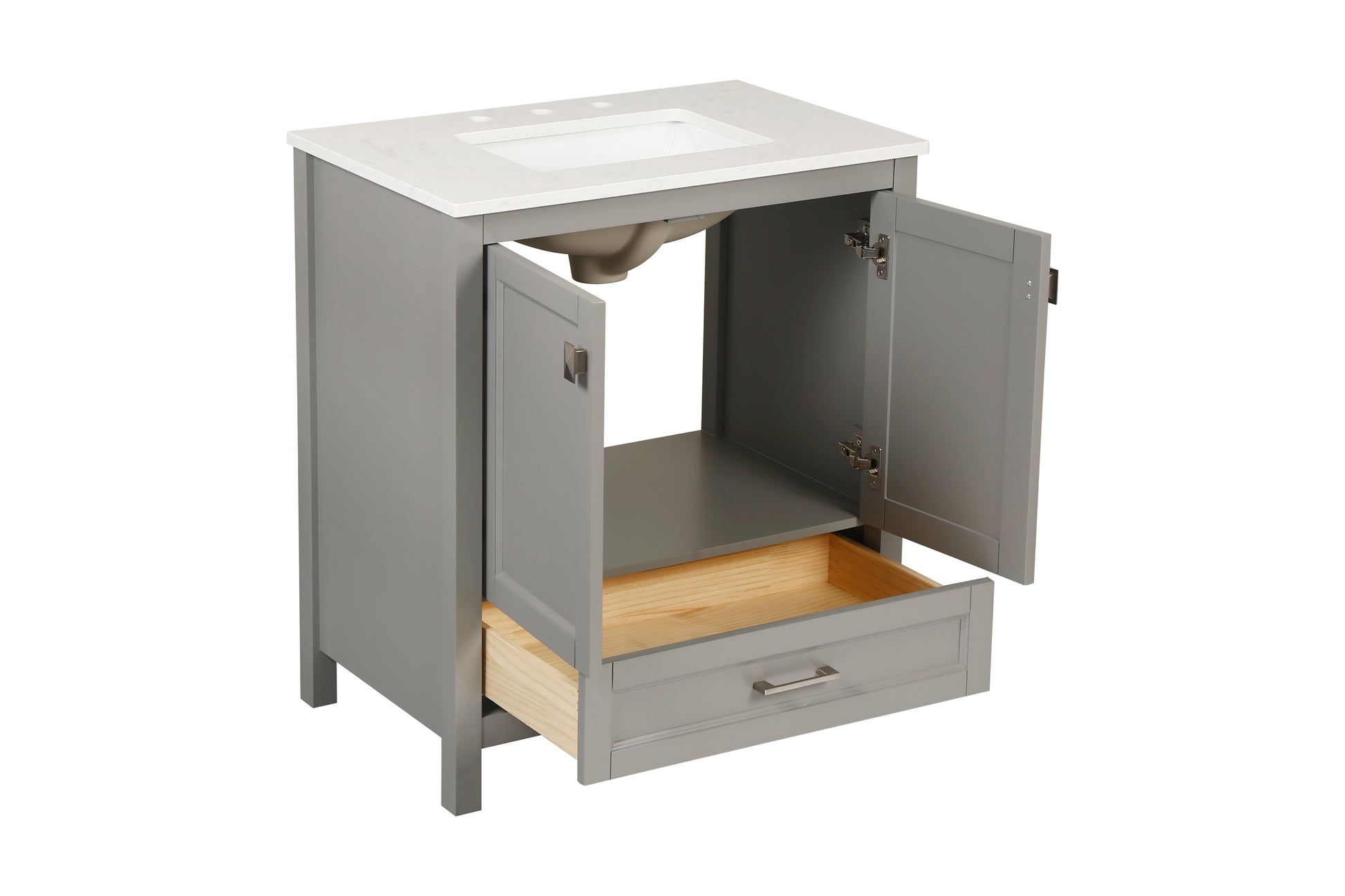 30 Inch Freestanding Bathroom Vanity With Sink, Carrara Engineered Marble Vanity Top With Undermounted Rectangular Ceramic Sink, Large Storage Soft Close Door, Grey 24V03 30Gr Grey Wood Solid Wood