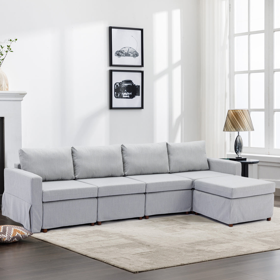 4 Seat Module Sectional Sofa Couch With 1 Ottoman,Seat Cushion And Back Cushion Removable And Washable,Light Grey Light Grey Wood Primary Living Space Soft Modern Rubberwood Foam Linen 4 Seat