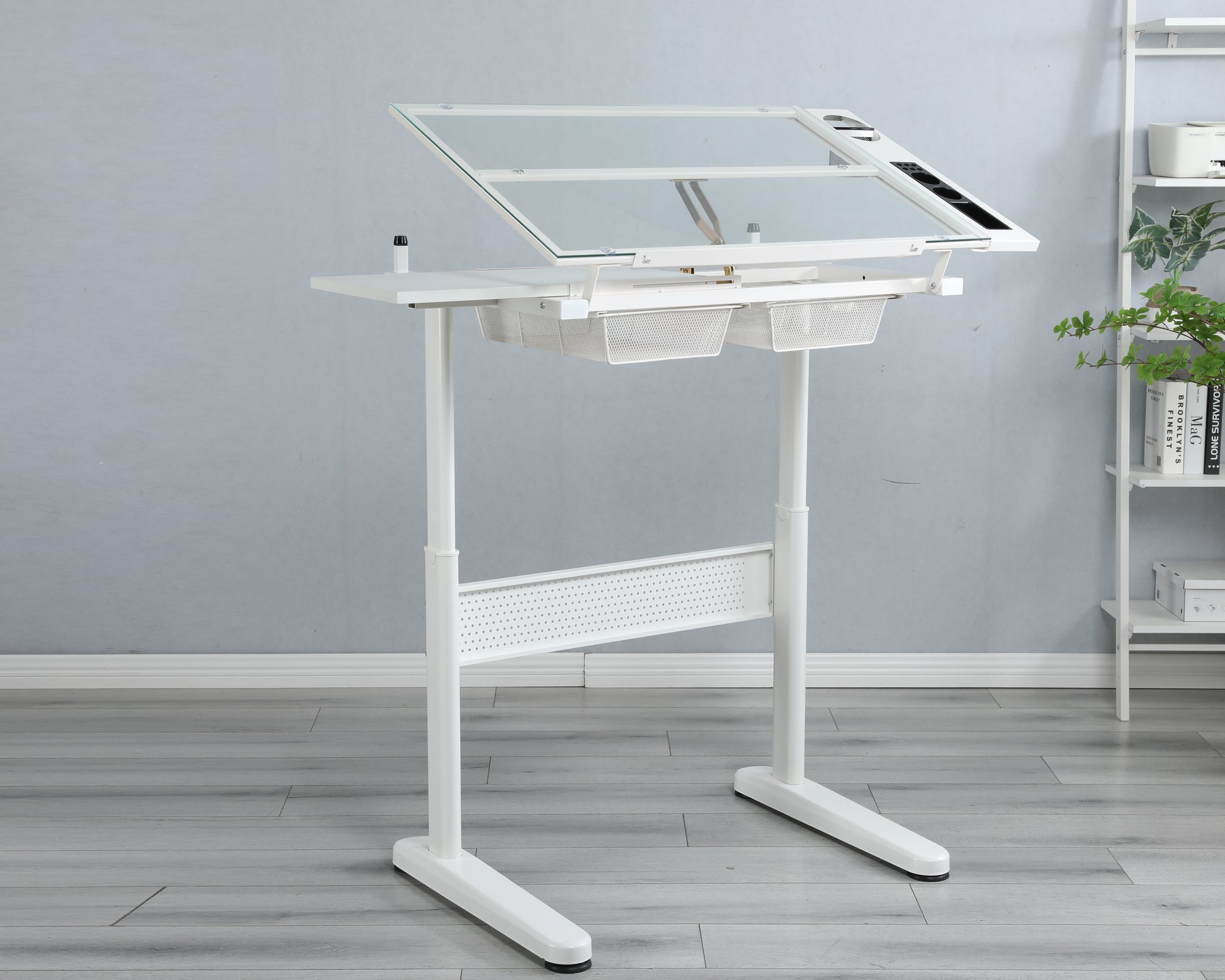 hand crank adjustable drafting table drawing desk with white-tempered glass+sheet metal+plastic