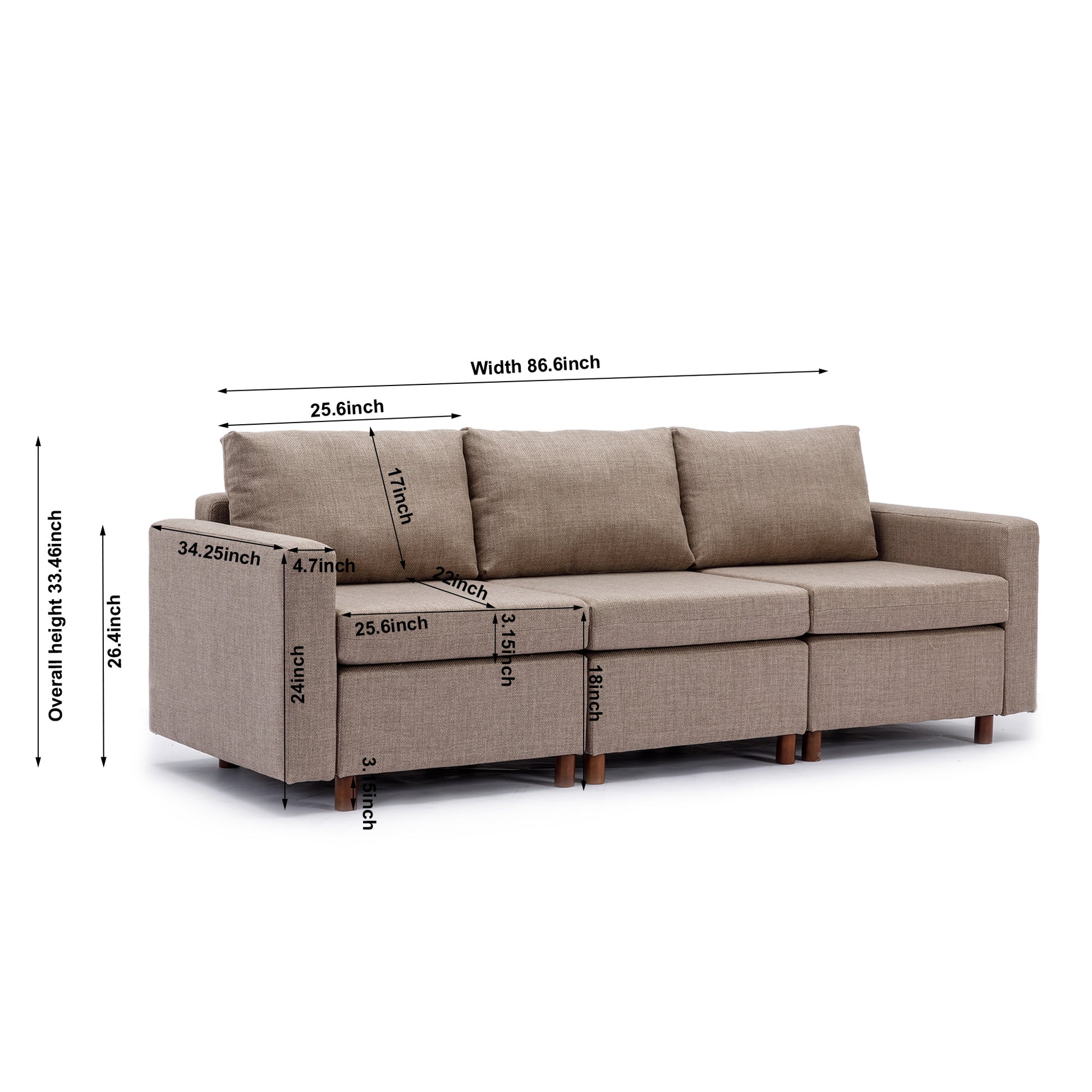 3 Seat Module Sectional Sofa Couch With 2 Ottoman For Living Room,Seat Cushion And Back Cushion Non Removable And Non Washable,Brown Brown Wood Primary Living Space Soft Modern Rubberwood Foam Linen 3 Seat