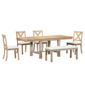 Farmhouse 82Inch 6 Piece Extendable Dining Table With Footrest, 4 Upholstered Dining Chairs And Dining Bench, Two 11