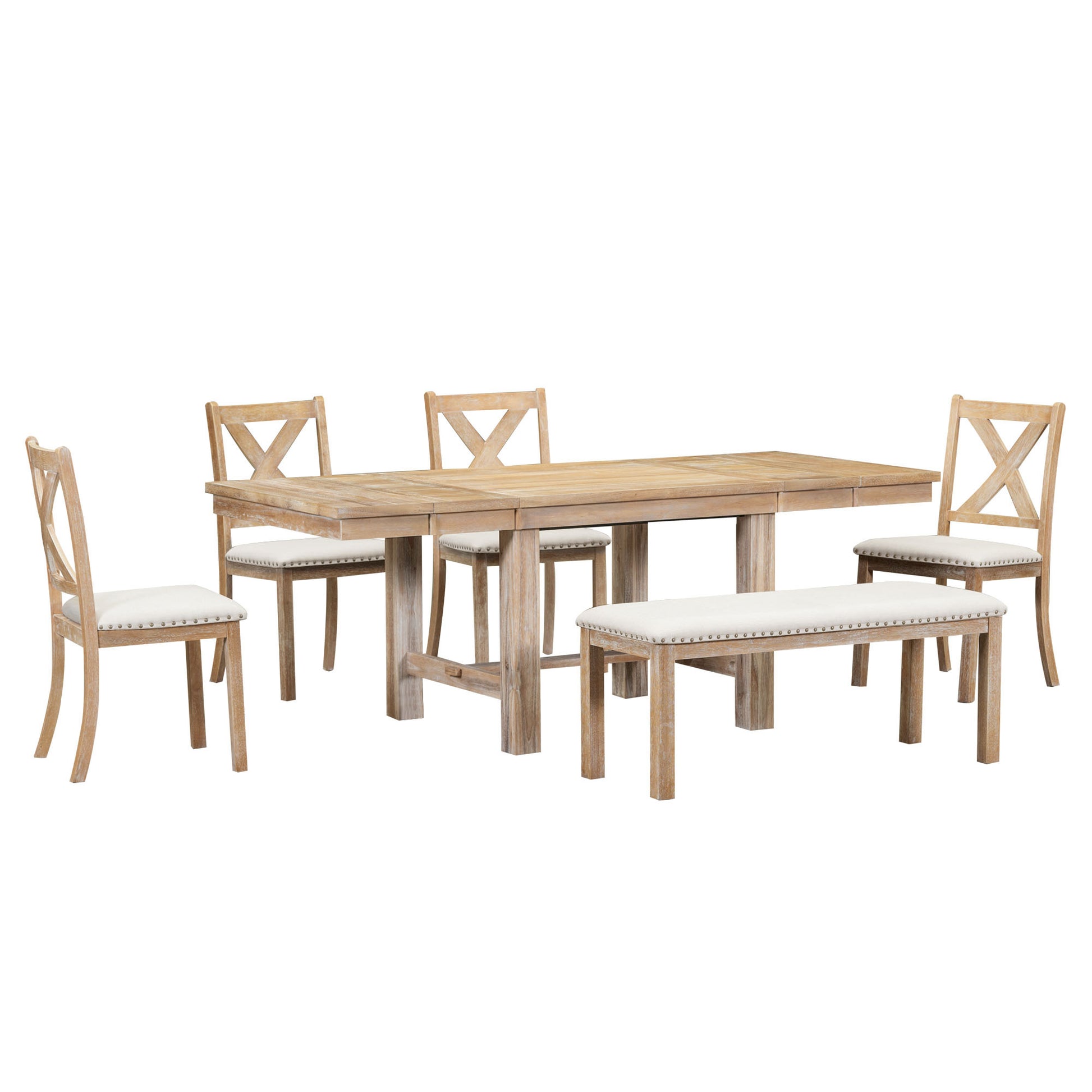 Farmhouse 82Inch 6 Piece Extendable Dining Table With Footrest, 4 Upholstered Dining Chairs And Dining Bench, Two 11"Removable Leaf, Natural Beige Cushion Wood Dining Room Bench Seating Acacia Rectangular Dining Table With Chair And Bench Wood Wood