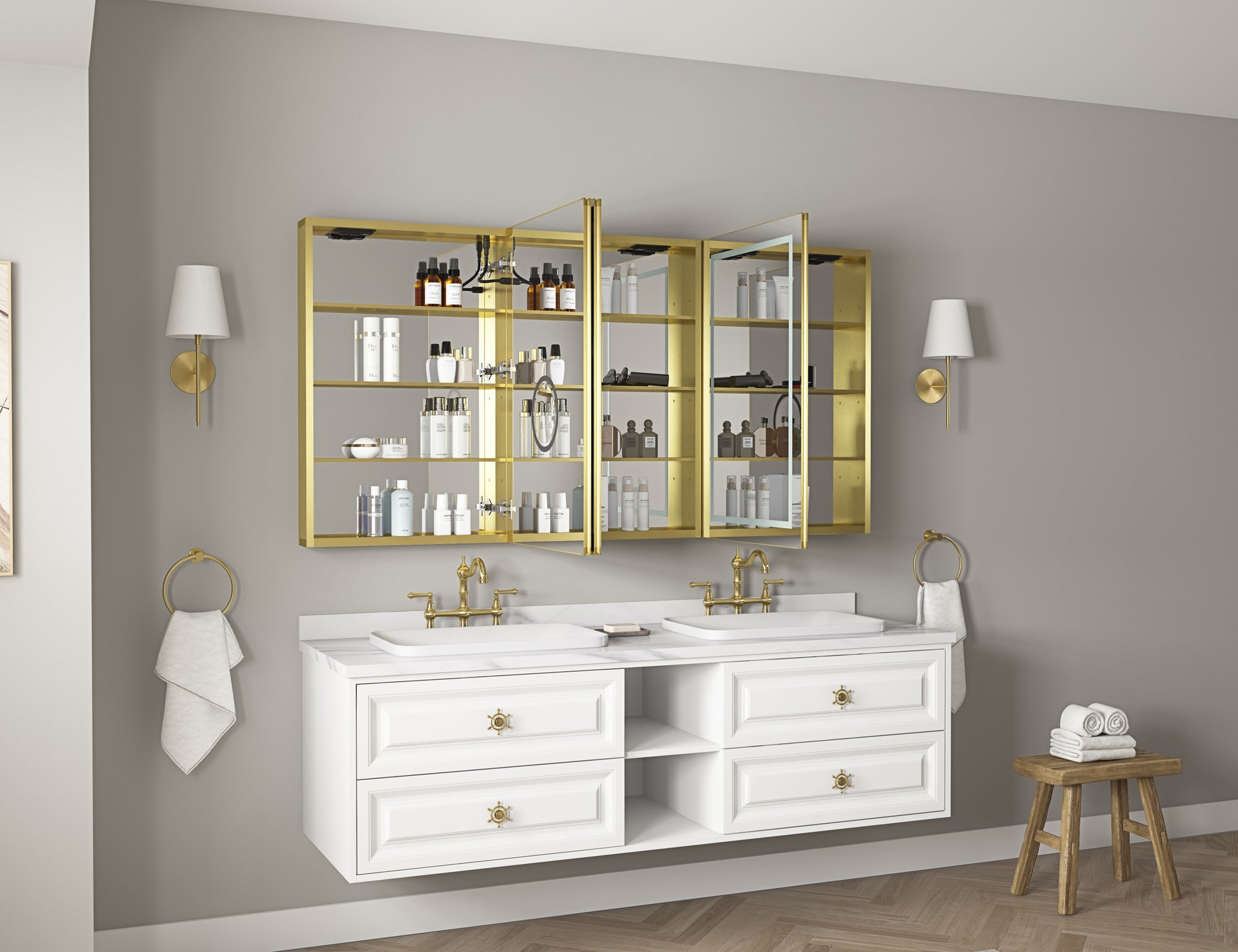 LED Lighted Bathroom Medicine Cabinet with Mirror gold-aluminium