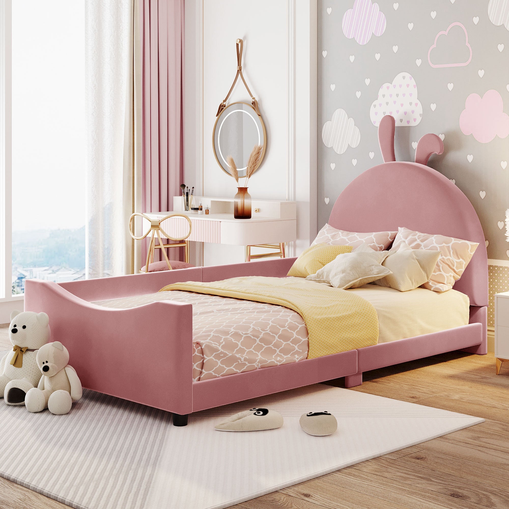 Twin Size Upholstered Daybed with Rabbit Ear Shaped pink-velvet
